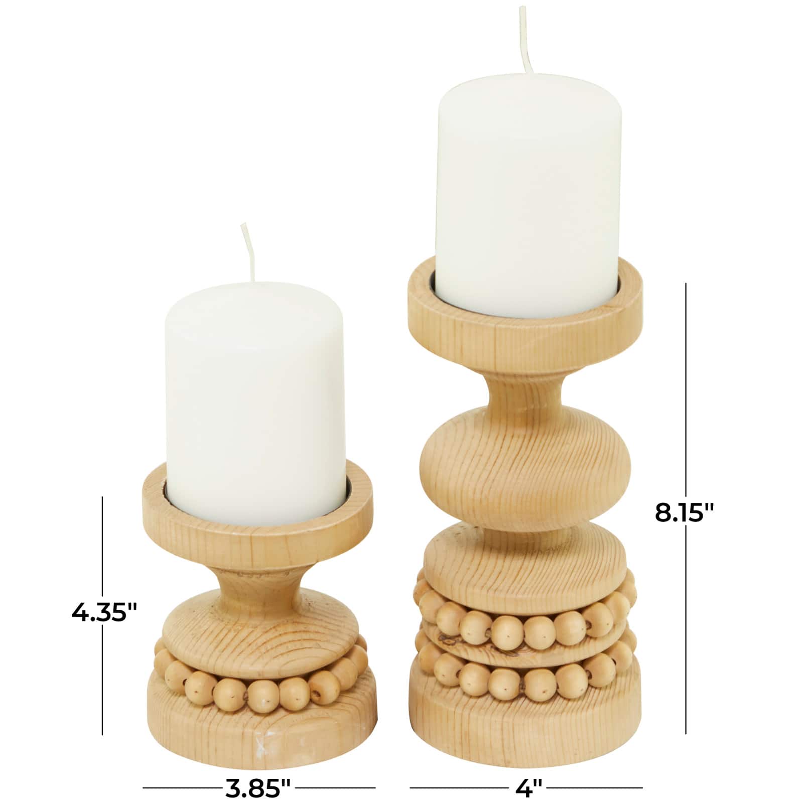 Wood Beaded Pillar Candle Holder Set