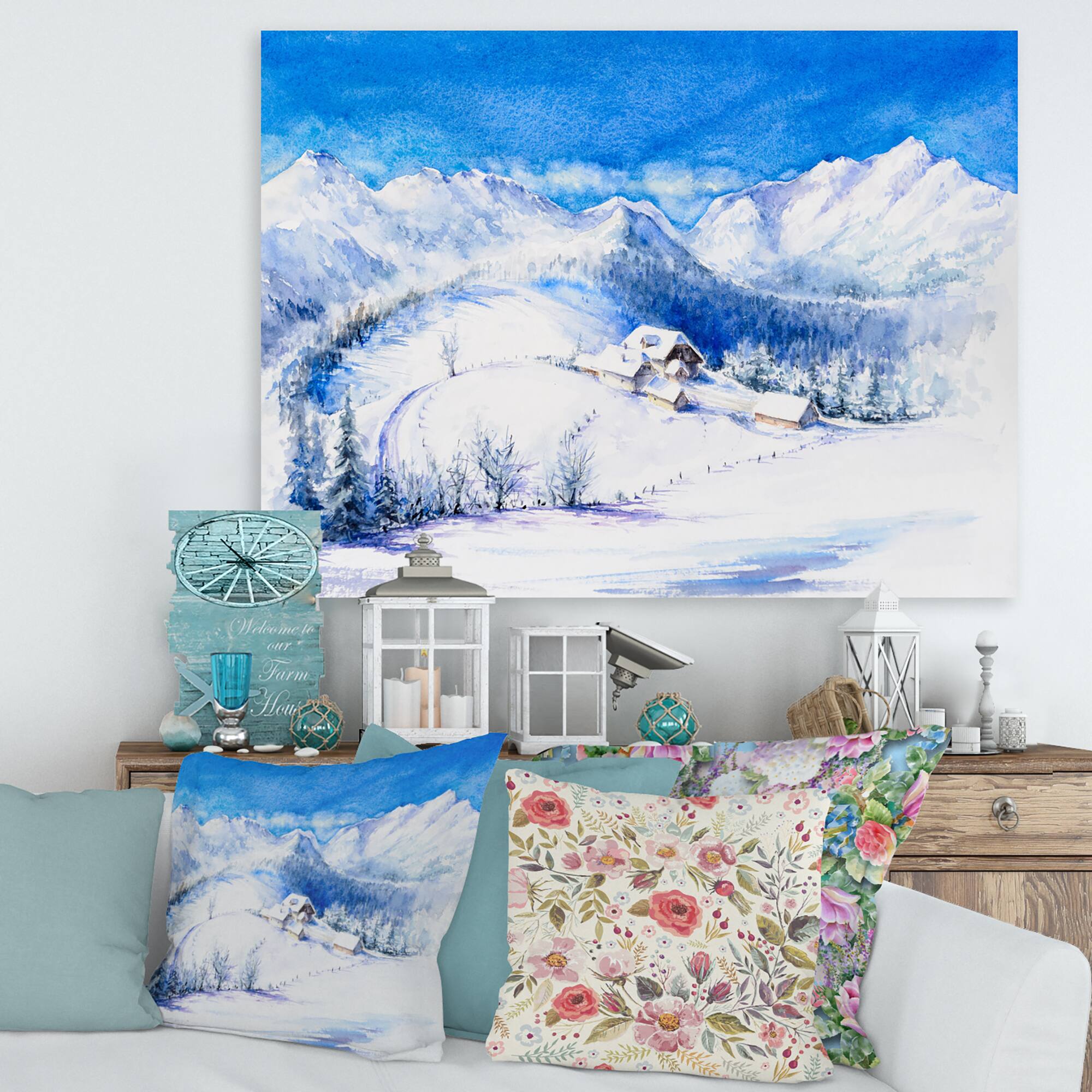 Designart - Winter Mountain Landscape With Wooden House