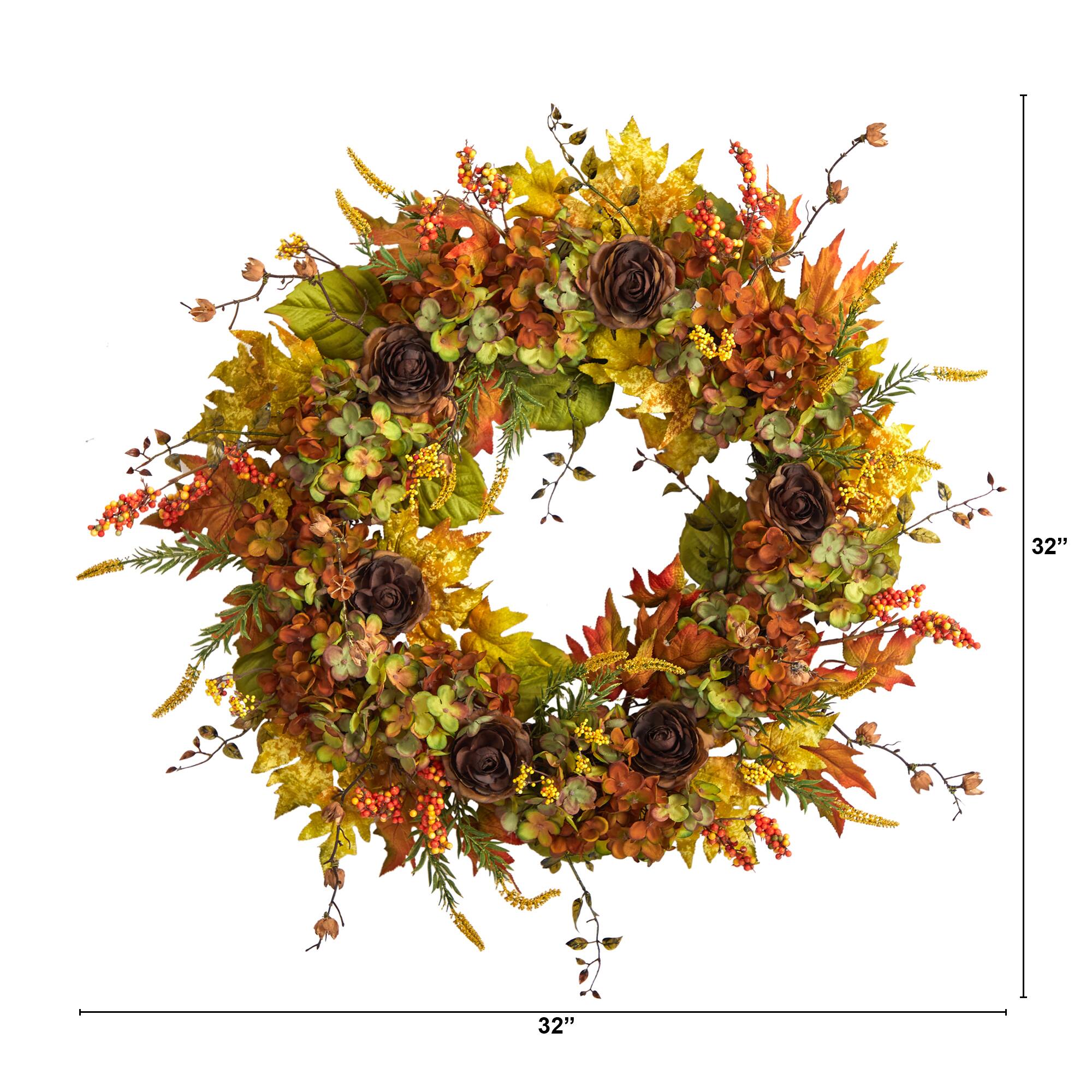 32" Hydrangea, Ranunculus & Maple Leaf Autumn Artificial Wreath