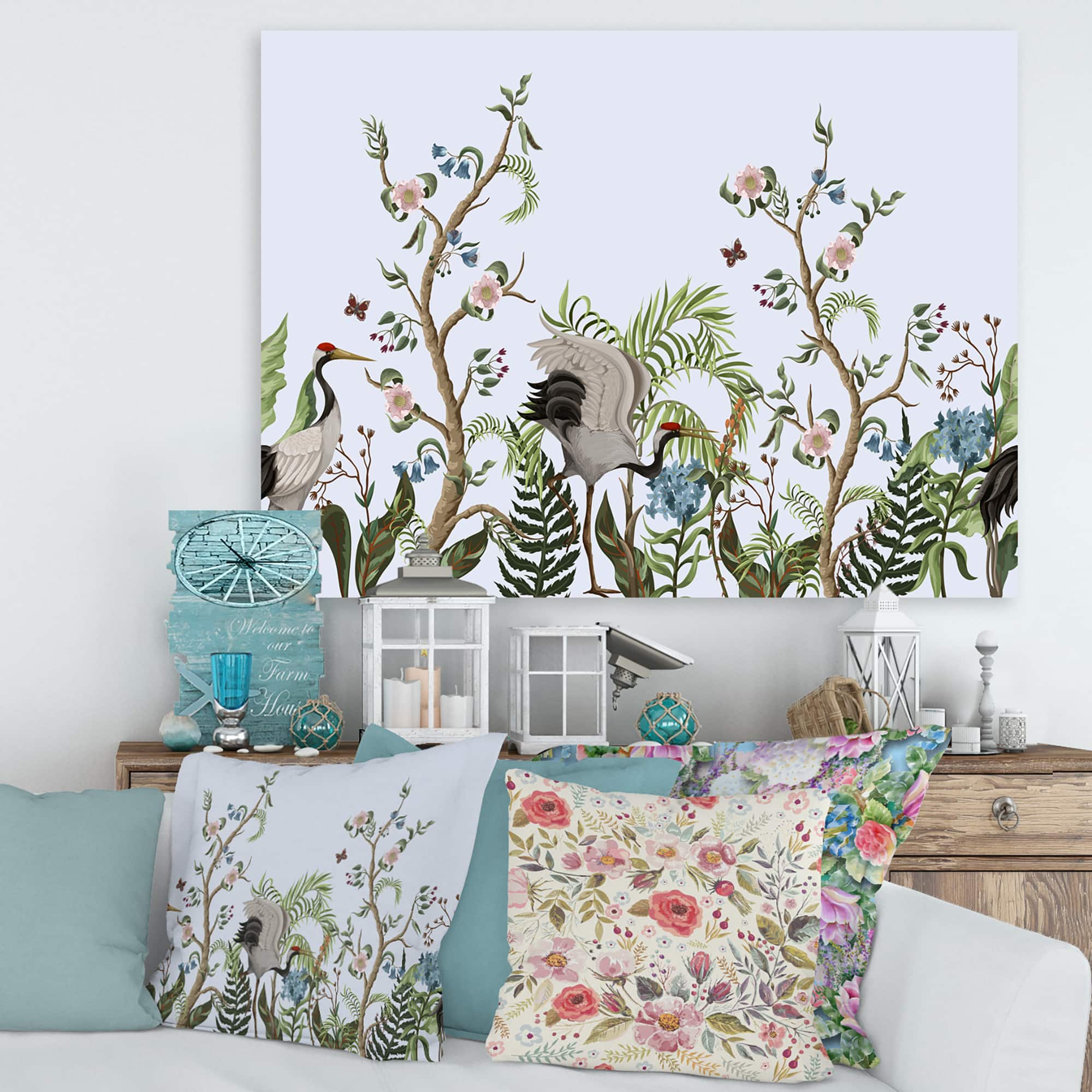 Designart - Border With Cranes & Peonies In Chinoiserie Style - Traditional Canvas Wall Art Print