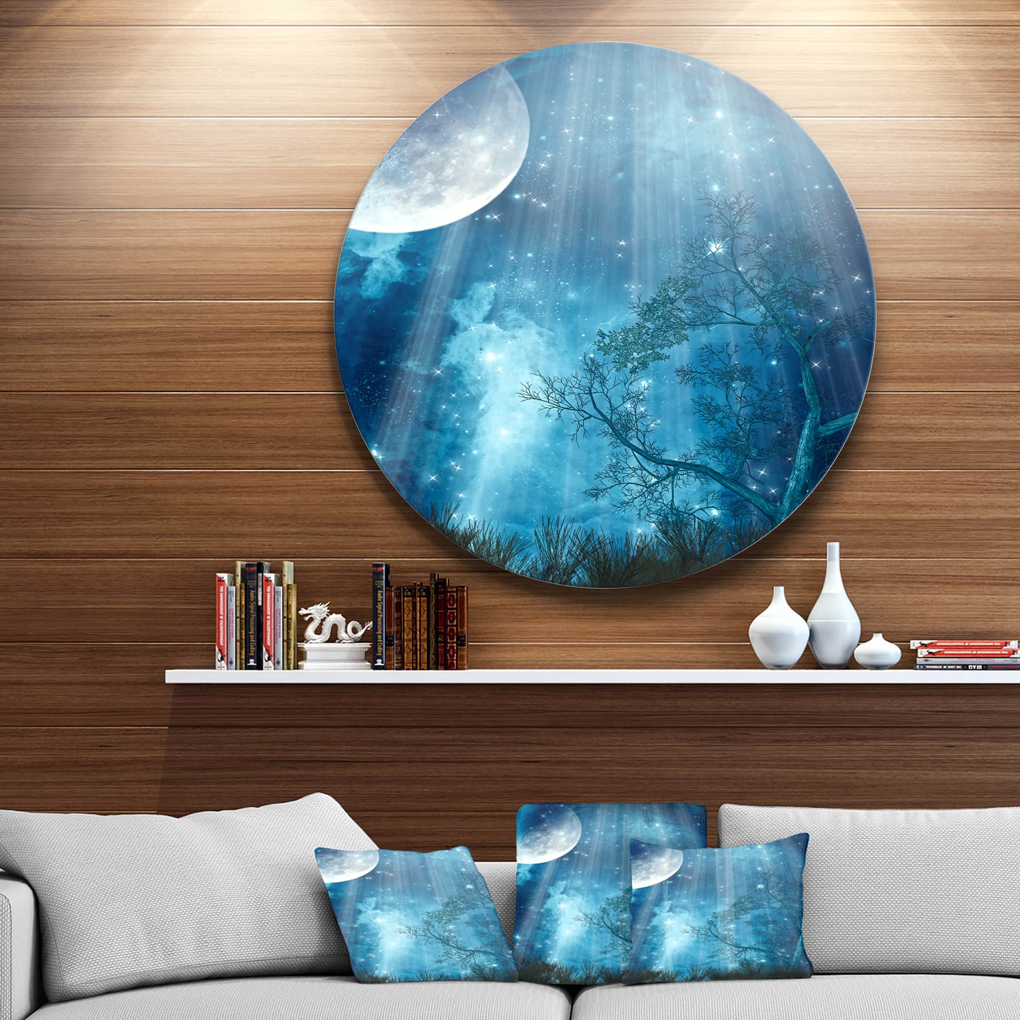 Designart - Big Moon in Blue Forest' Landscape Circle Metal Wall Art