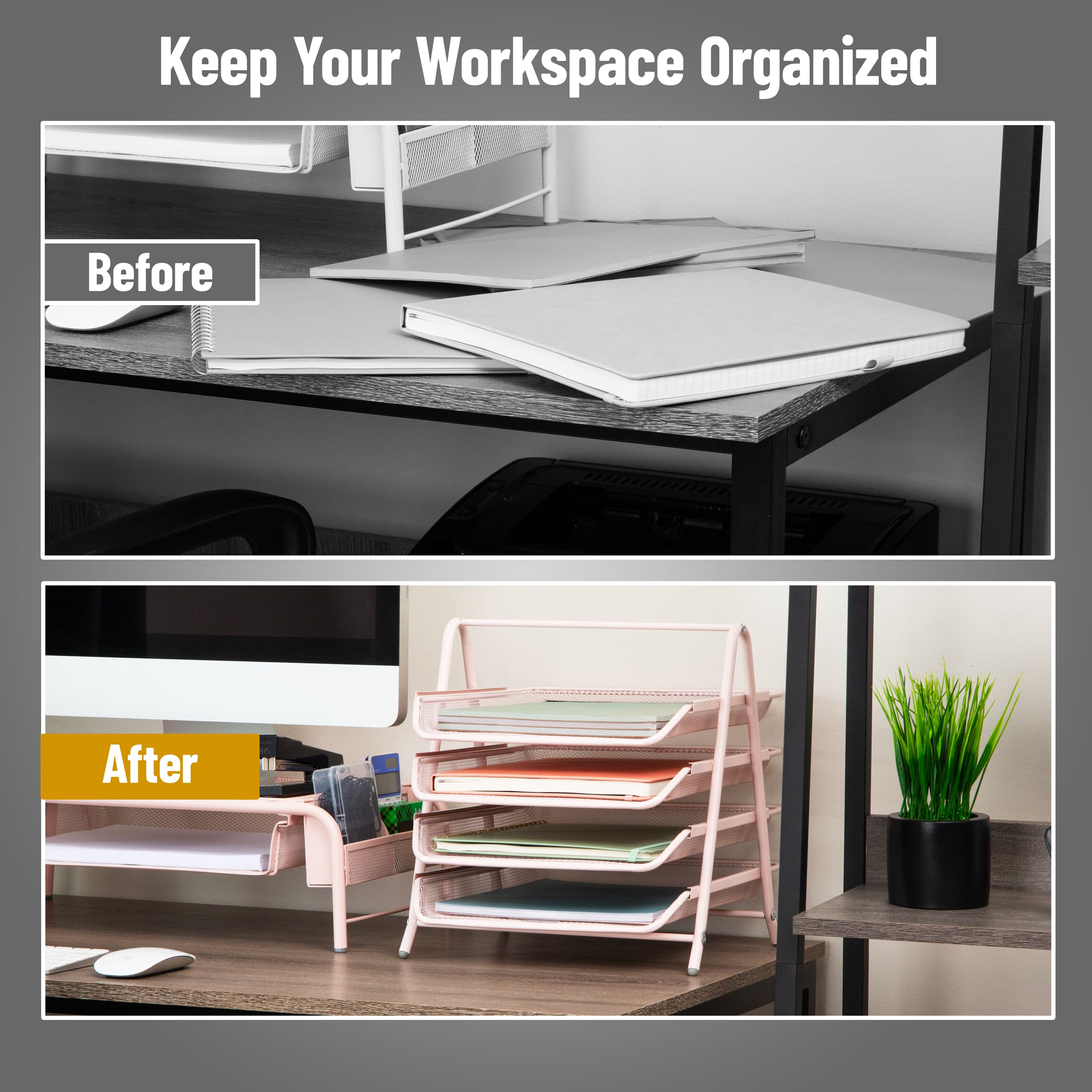 Mind Reader 4-Tier Paper Tray Organizer, Desktop File Sorter with Handle, Document Storage, Slide-Out Trays, Metal Mesh, Pink