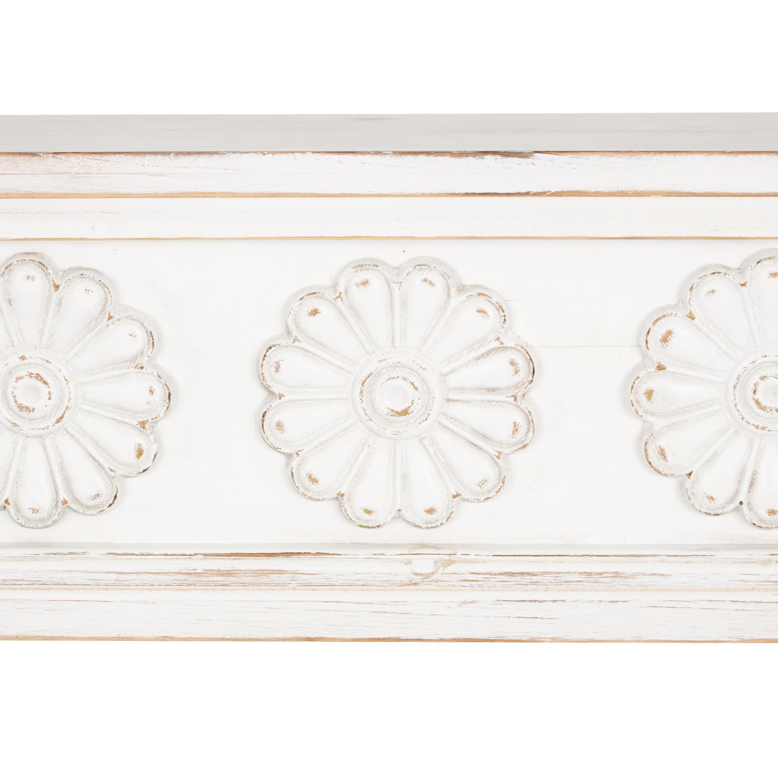 White Wooden Floral Room Wall Shelf with Brown Distressing
