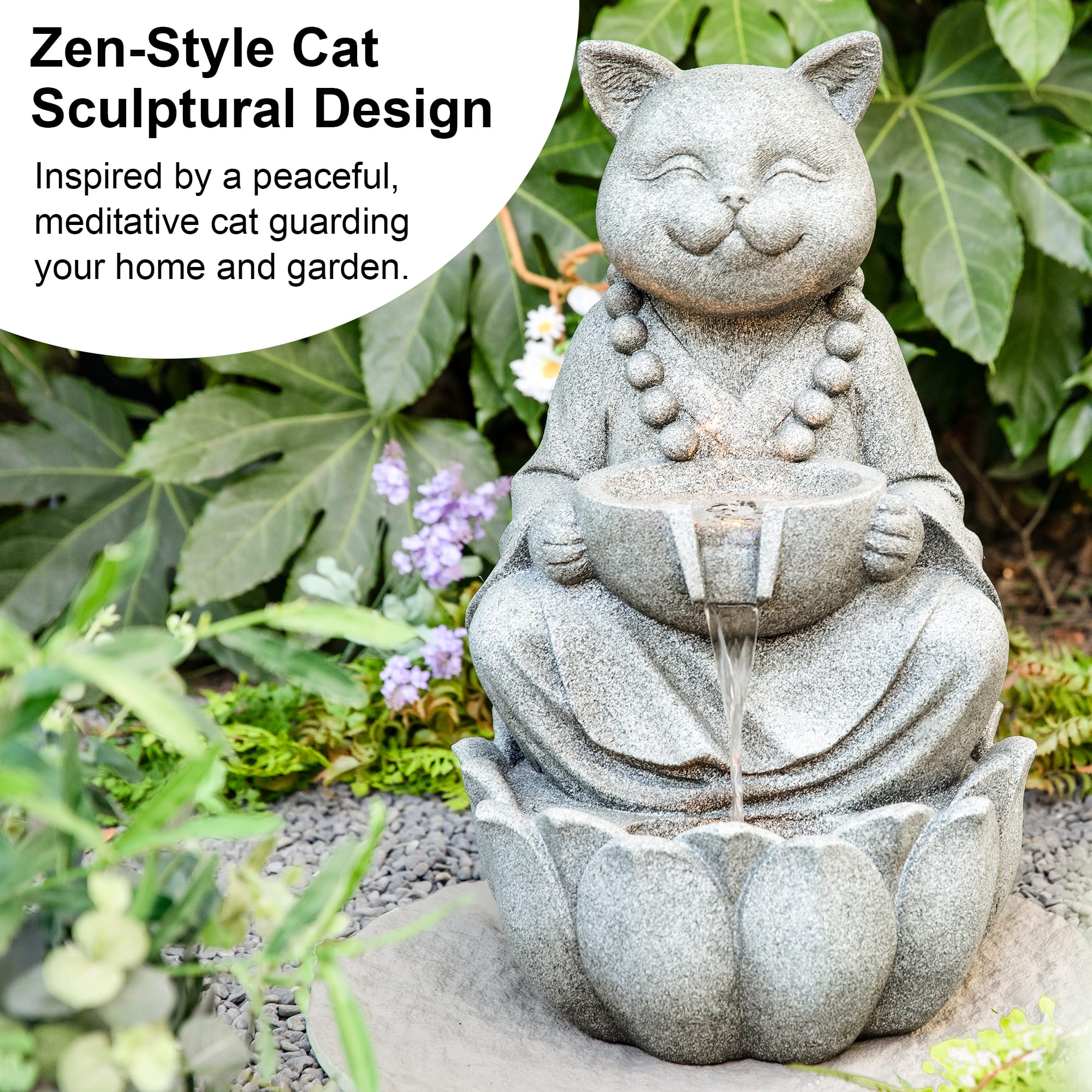 Glitzhome® 21.75" Zen-Style LED 2-Tier Concrete Cat Outdoor Fountain