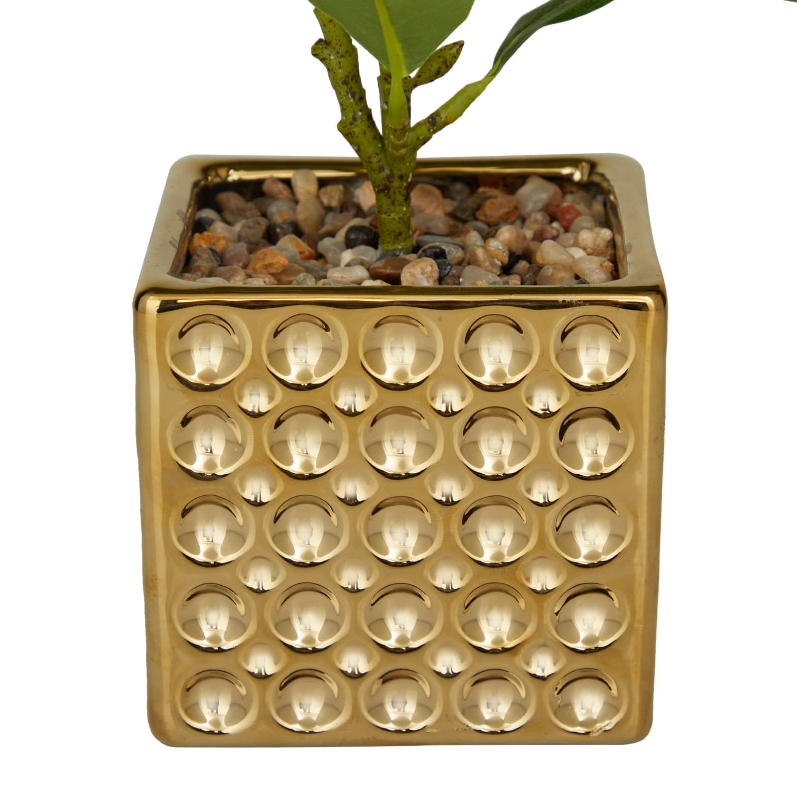 15" Glam Style Evergreen Artificial Foliage in Gold Porcelain Pot
