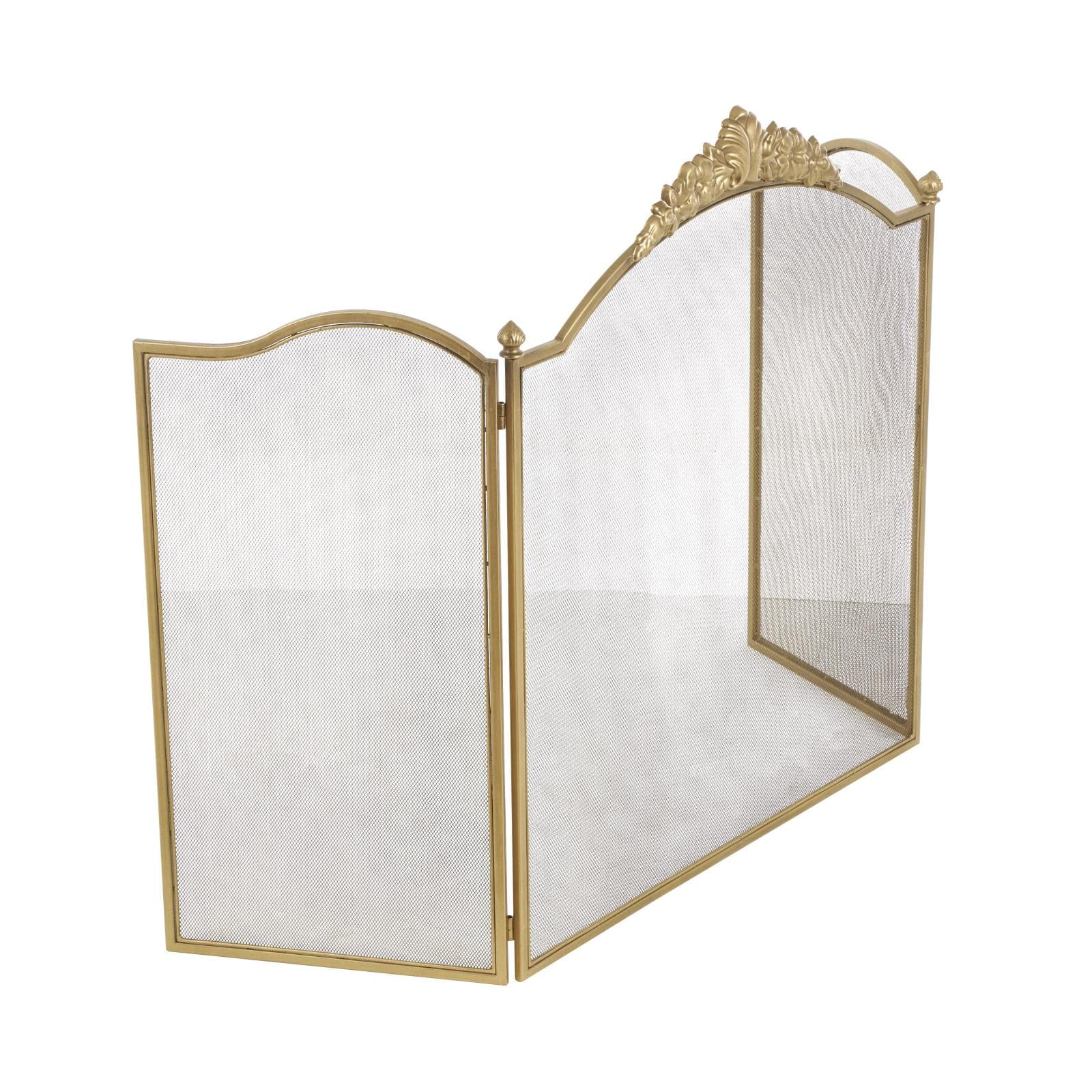 29" x 14" x 30" Gold Metal Floral Ornate Antique Arched 3 Panel Living Room Fireplace Screen with Finial Accents