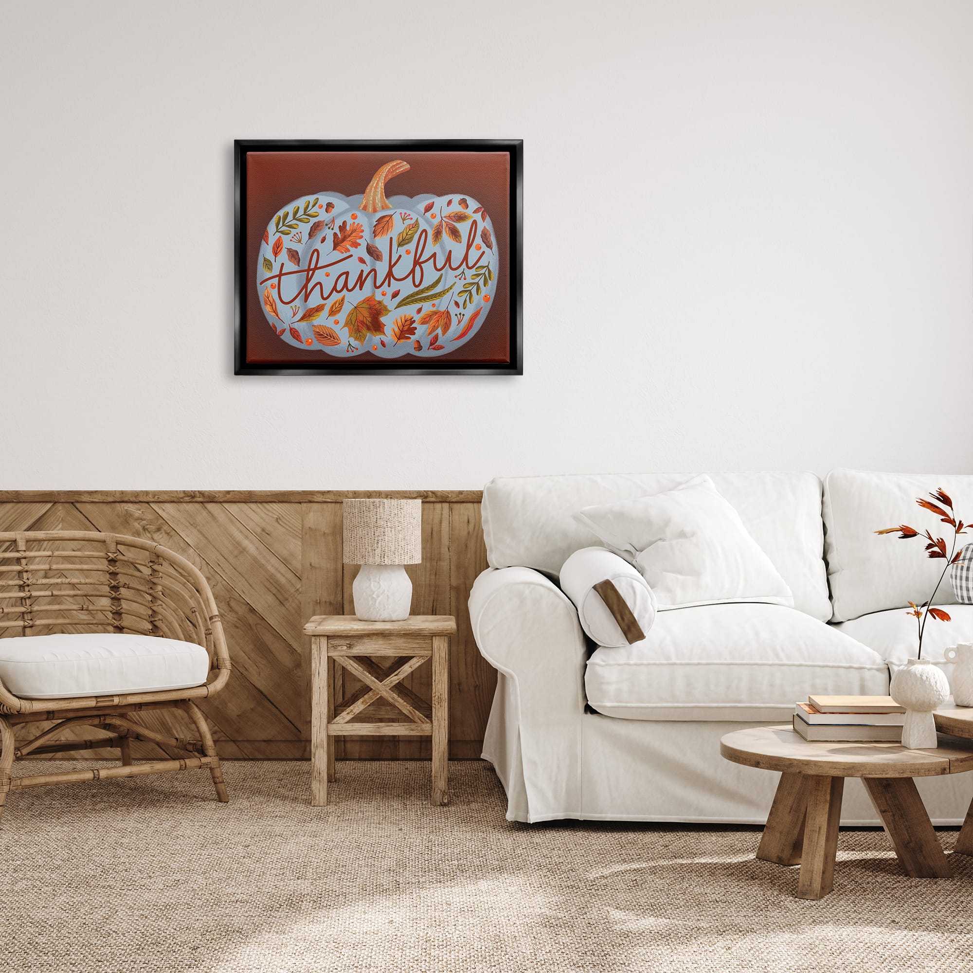 Stupell Industries Thankful Leaf Patterned Pumpkin Framed Floater Canvas Wall Art
