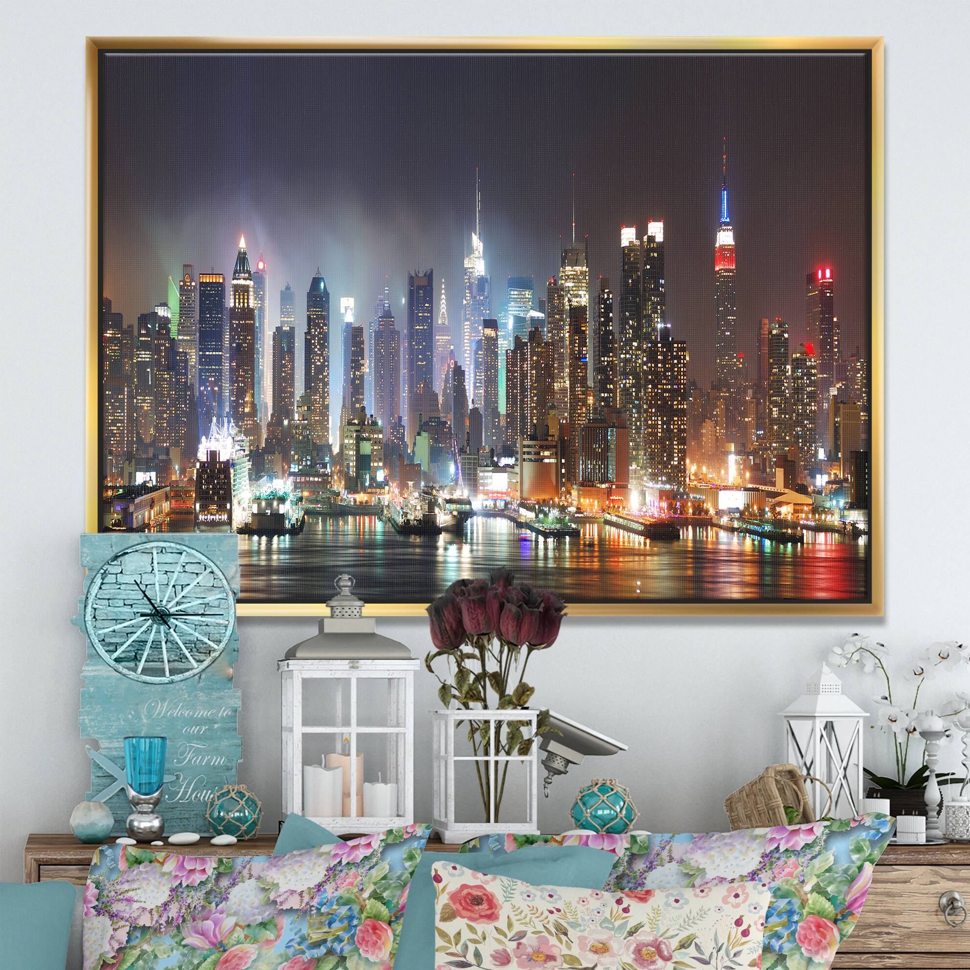 Designart - Lit NYC Manhattan Skyline - Cityscape Photo Framed Canvas Print