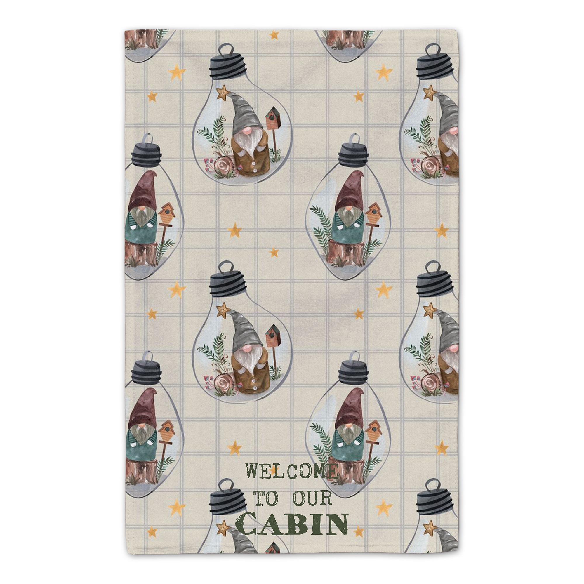 Welcome to our Cabin Cream and Check Gnome Globe Pattern Tea Towel