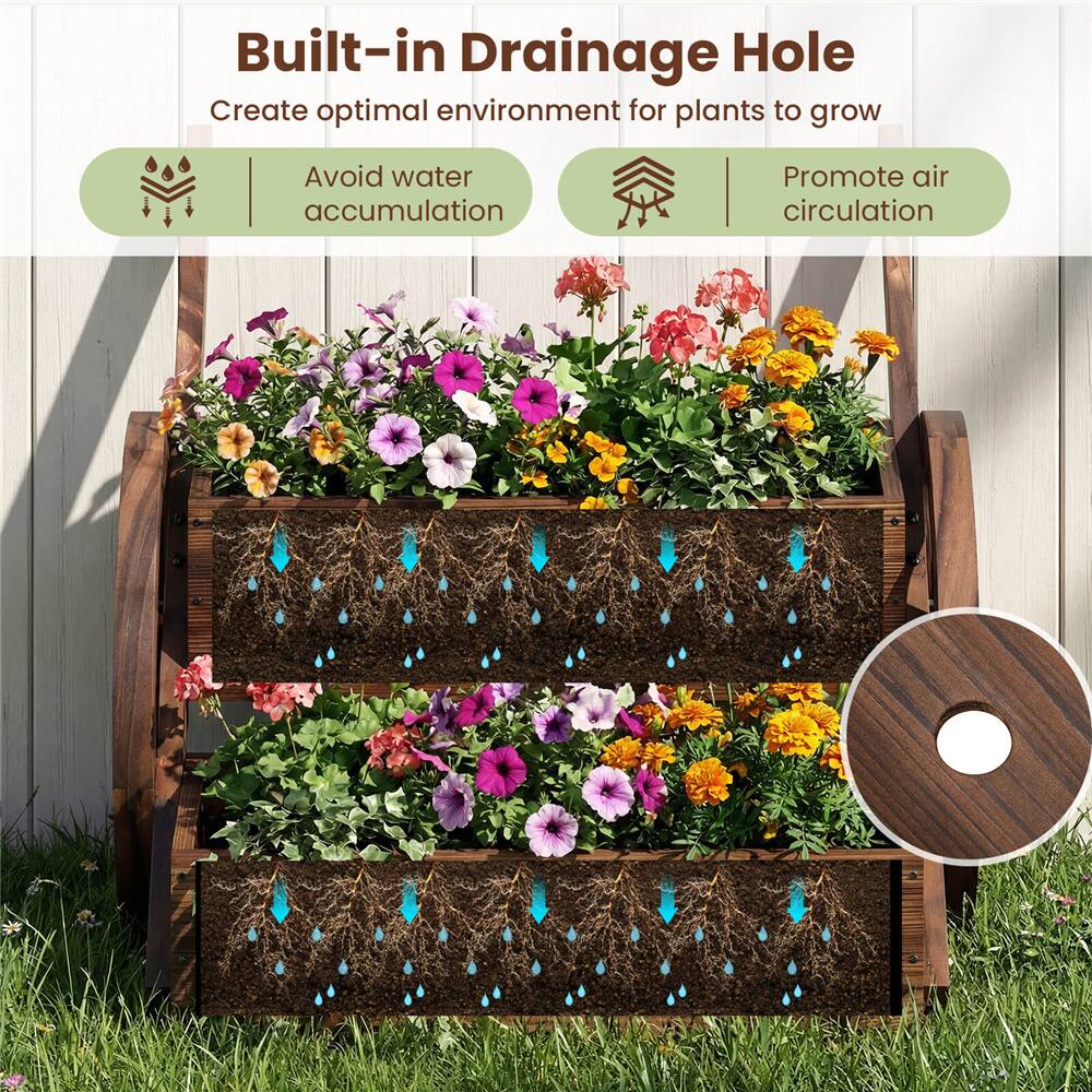 Costway 2-Tier Rustic Wood Wagon Planter with Wheels Handles & Drainage