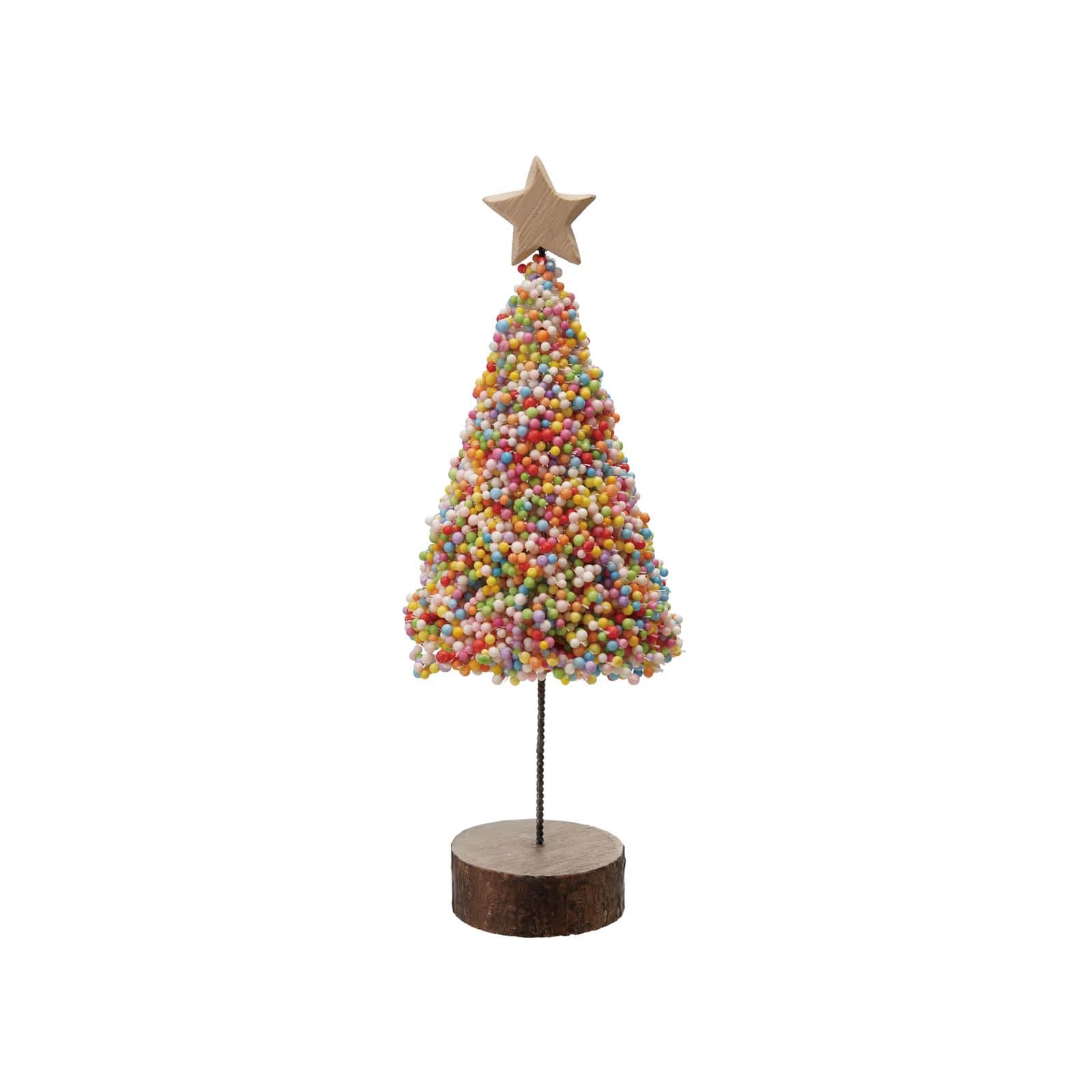 Hello Honey® 8.63" Multicolor Christmas Tree Figurine with Wood Slice Base and Star
