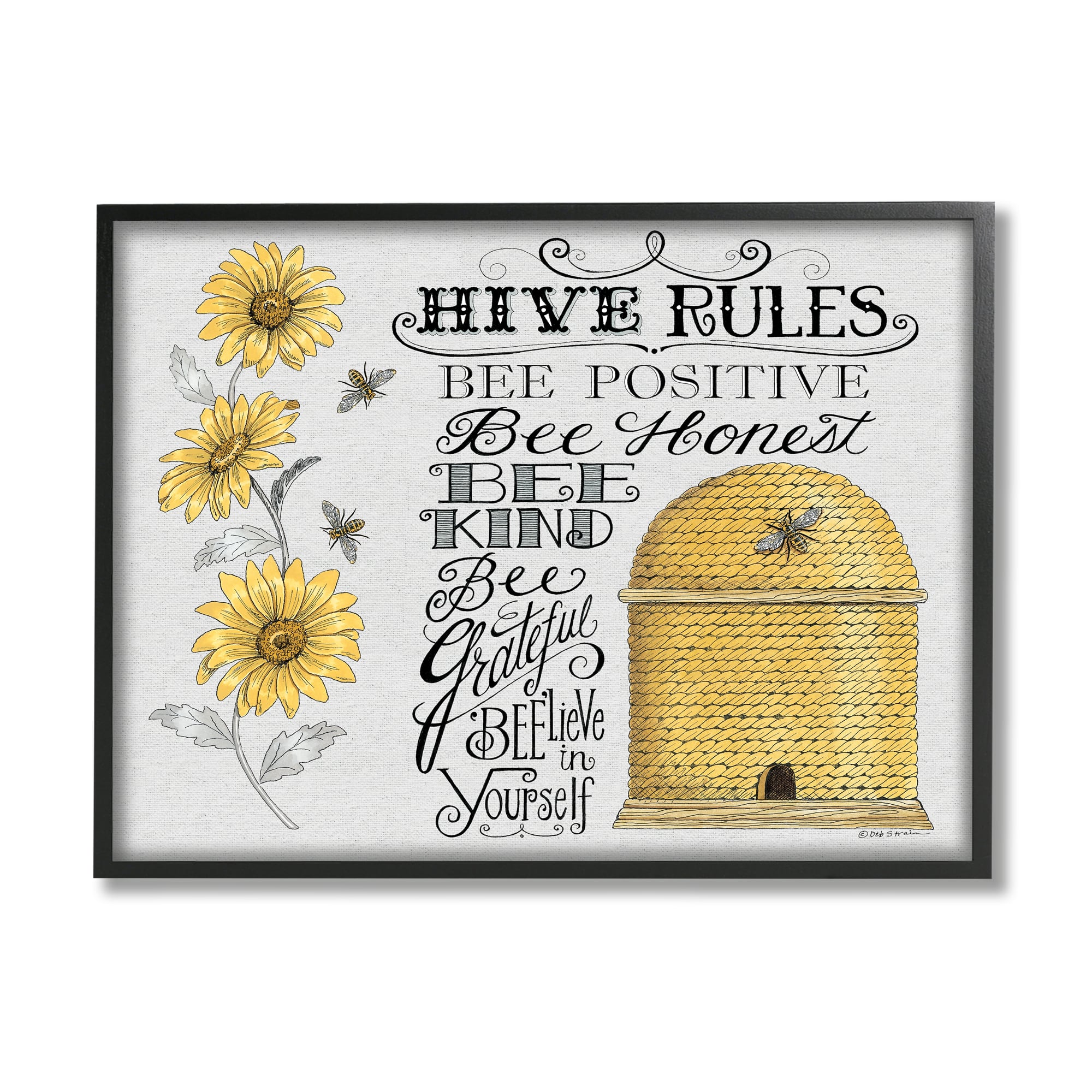 Stupell Industries Hive Rules Motivational Phrases Bee Puns Vintage Beehive Framed Wall Art