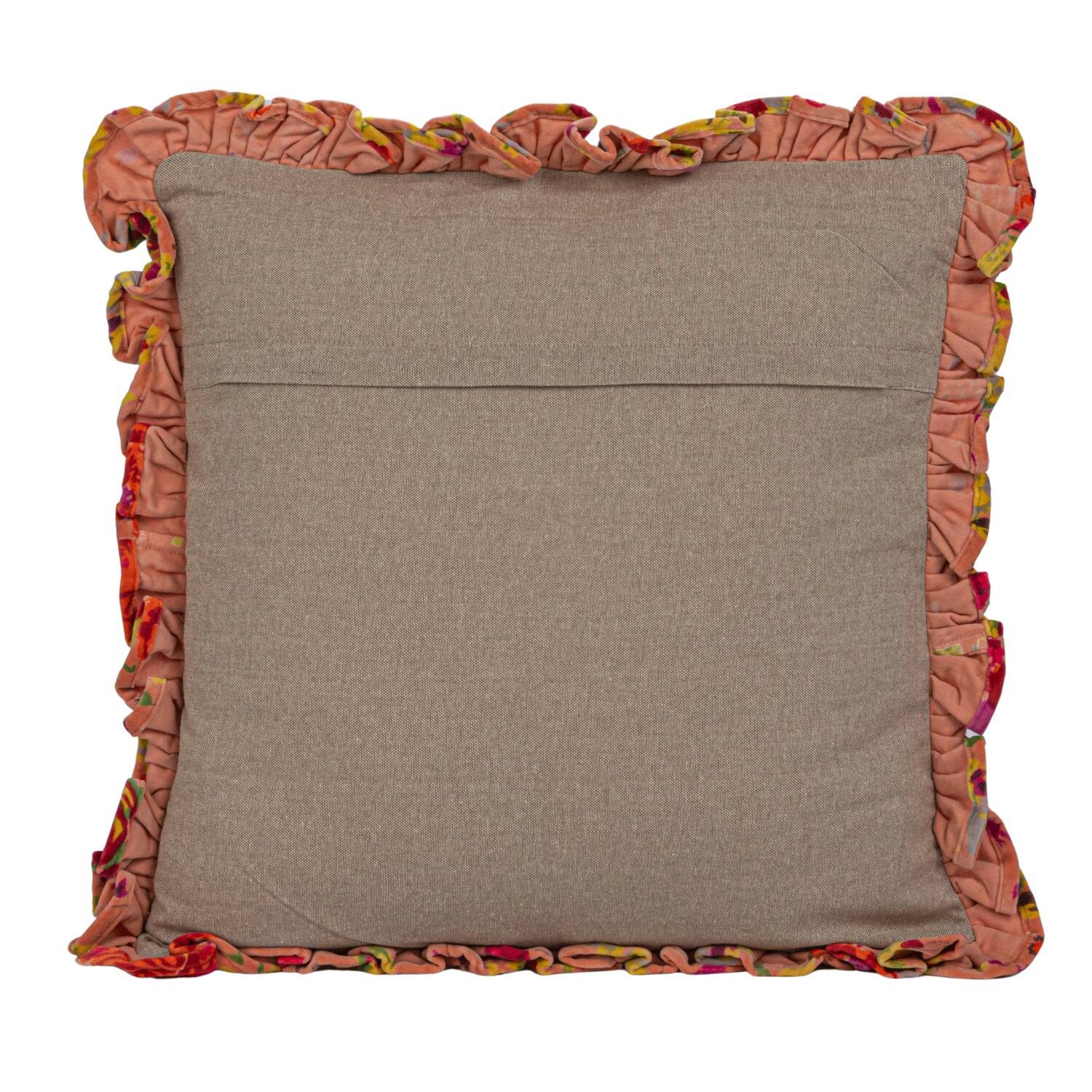Hello Honey® Red Floral Printed Chambray Back & Ruffle Cotton Velvet Pillow