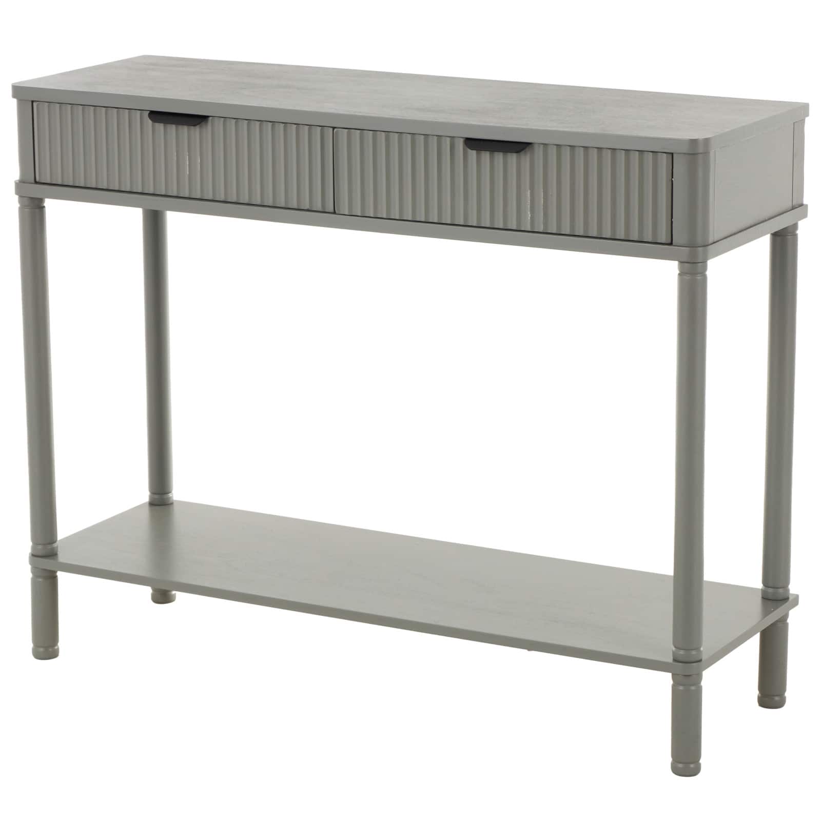 36" 2-Drawer Gray Handmade Wooden Console Table with Black Handle & Ribbed Front