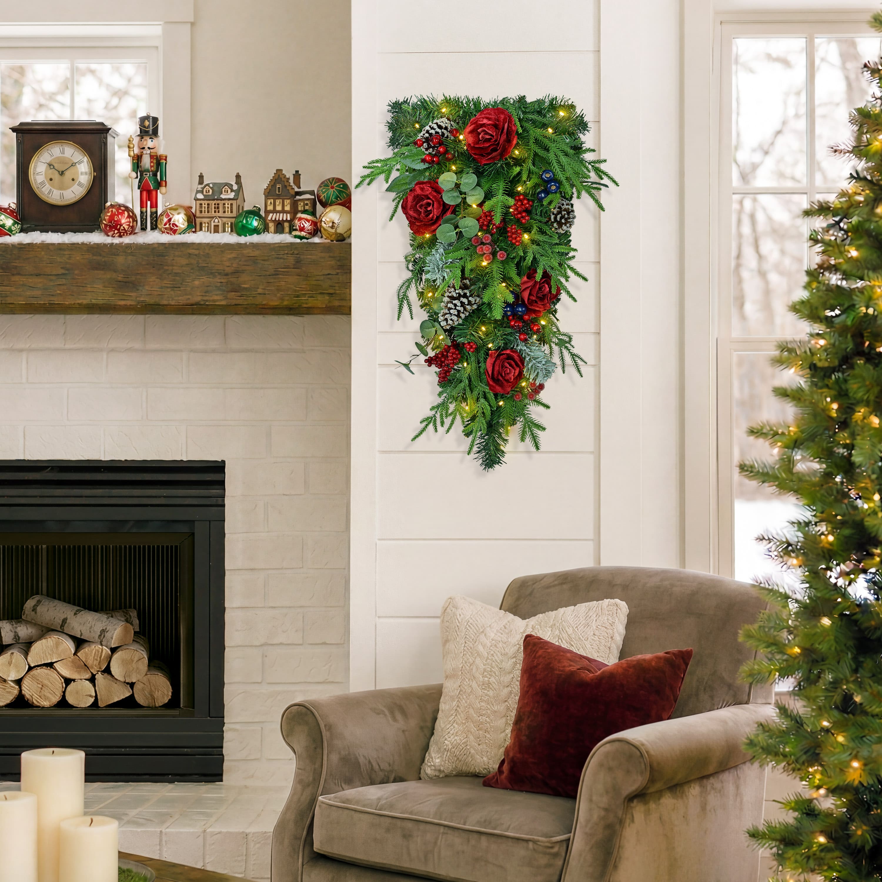 Puleo International 28" Pre-Lit Roses, Pinecones & Leaves Artificial Teardrop Swag