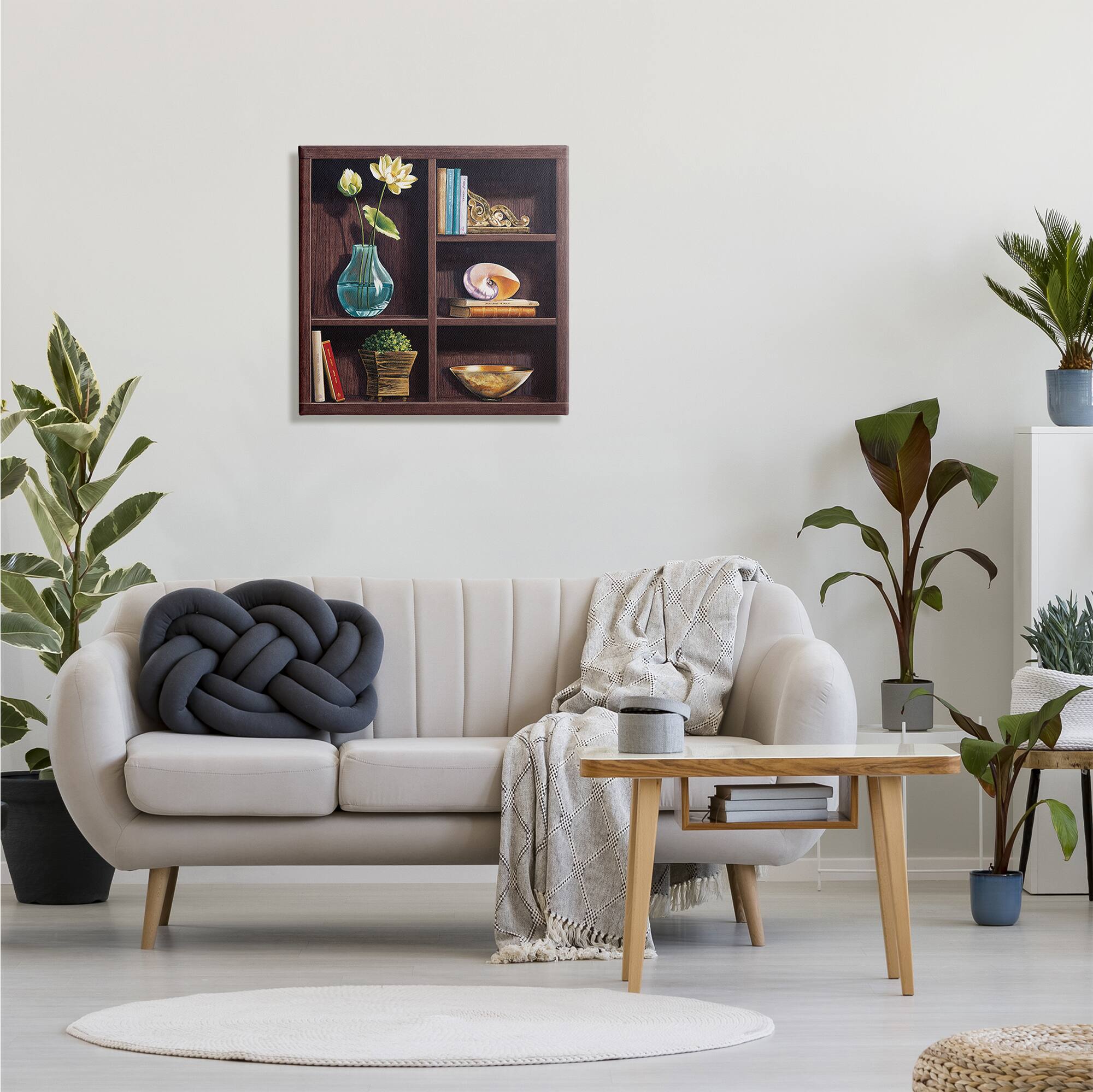 Stupell Industries Elegant Bookshelf Still-Life with Lotus Floral Vase Canvas Wall Art