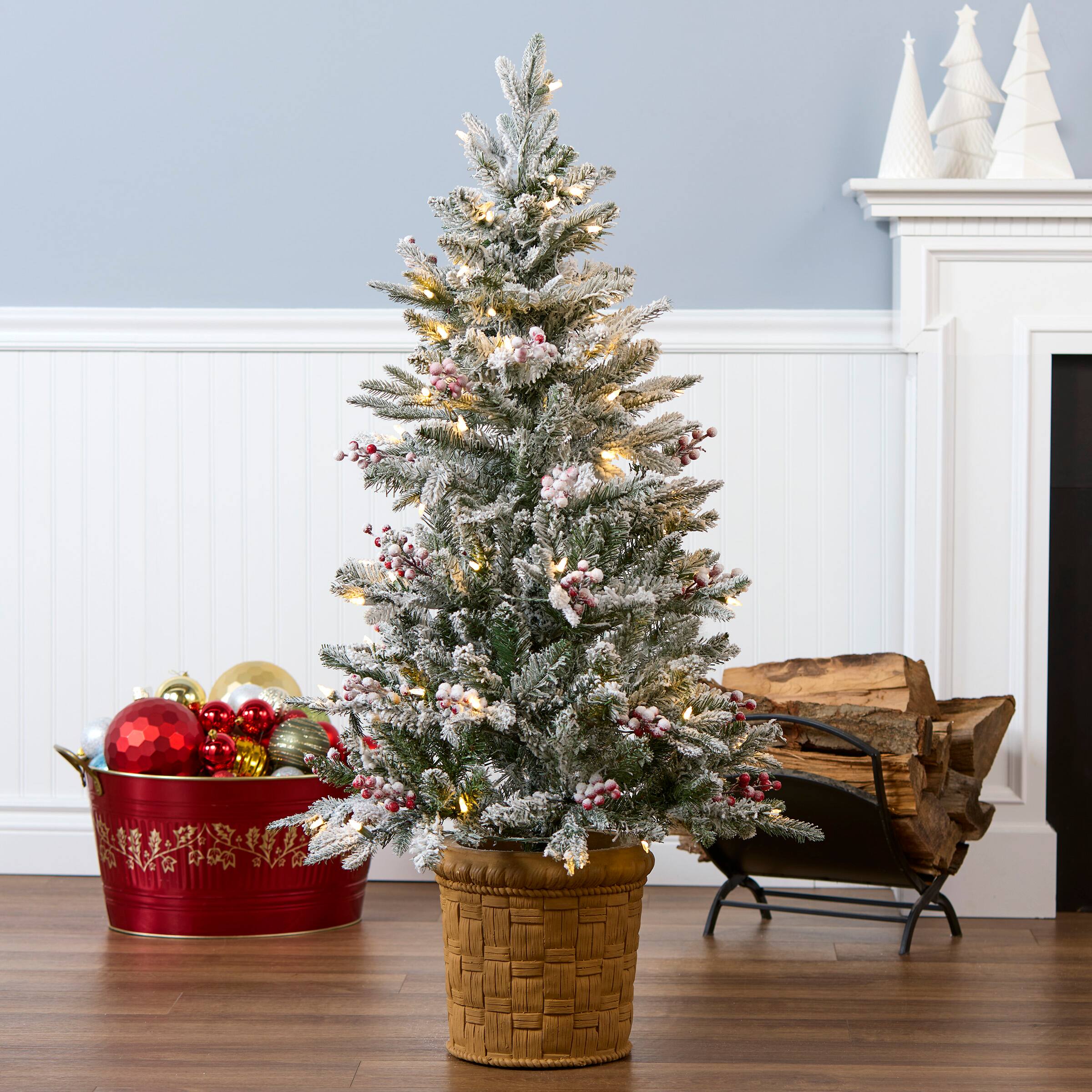 4ft. Pre-Lit Snowy Poechmann Fir Artificial Christmas Entrance Tree with Berries and Pinecones, Warm White LED Lights