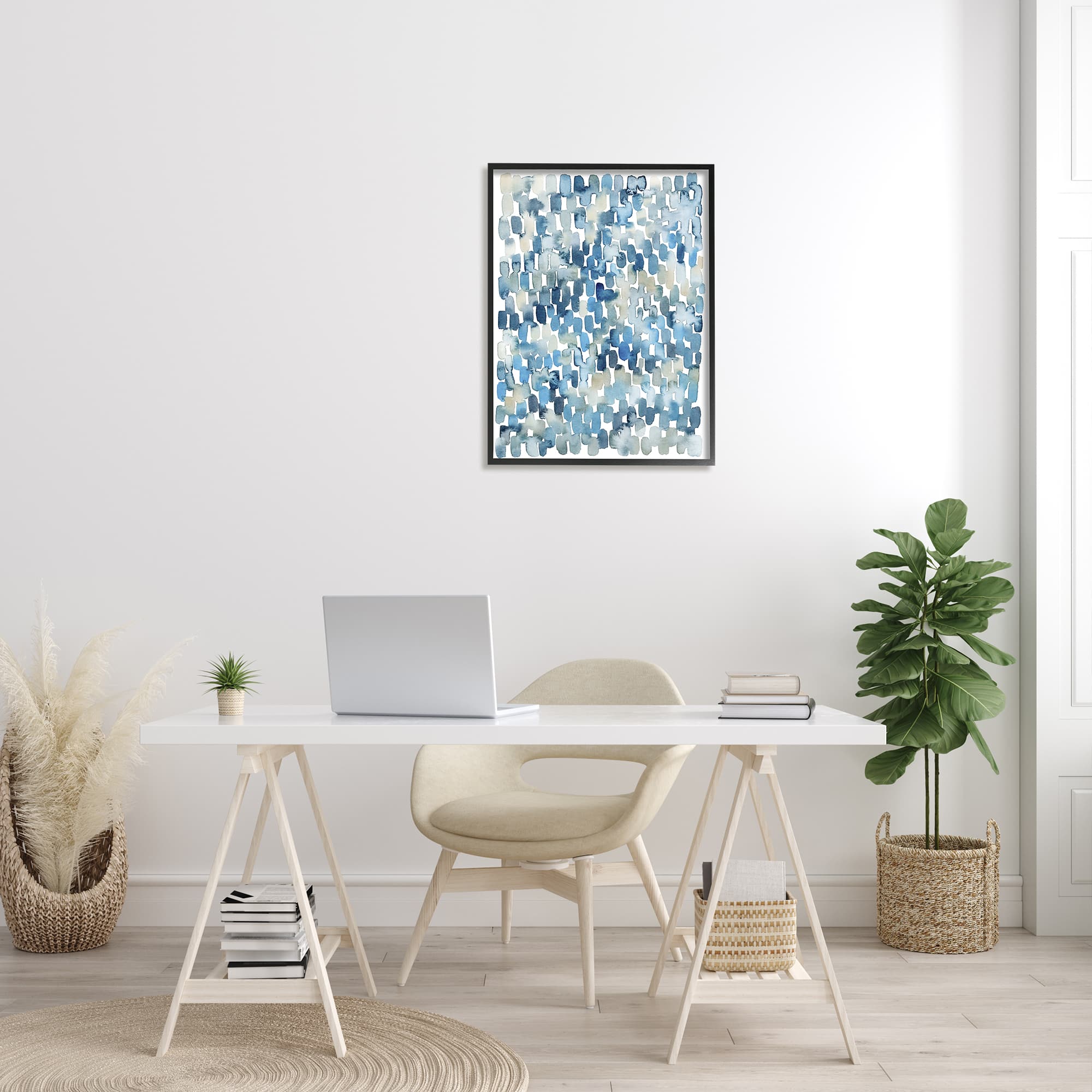 Stupell Industries Coastal Tile Abstract Soft Blue Beige Shapes in Black Frame Wall Art