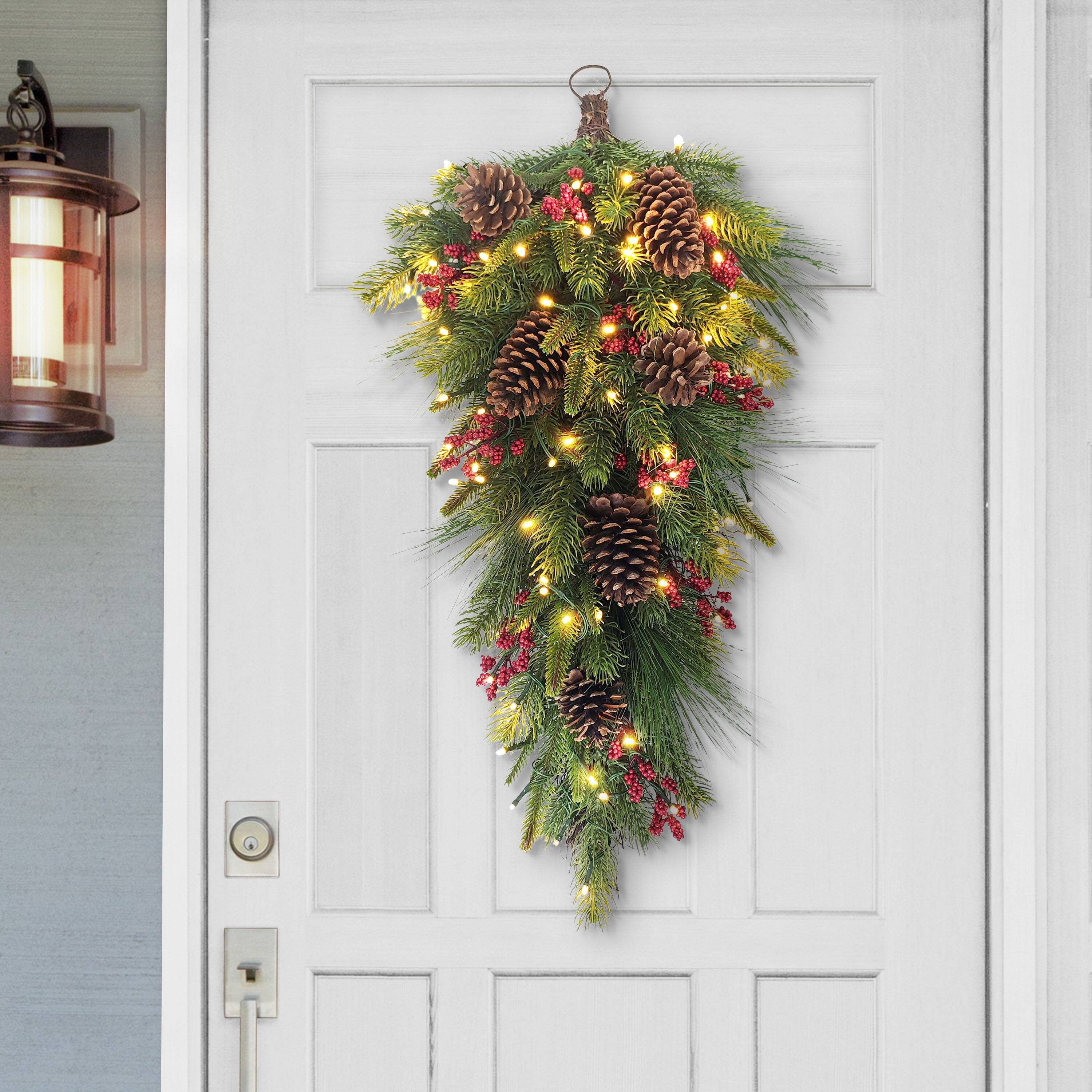 28" Pre-Lit Green Pinecones & Berries Adorned Artificial Banister Swag