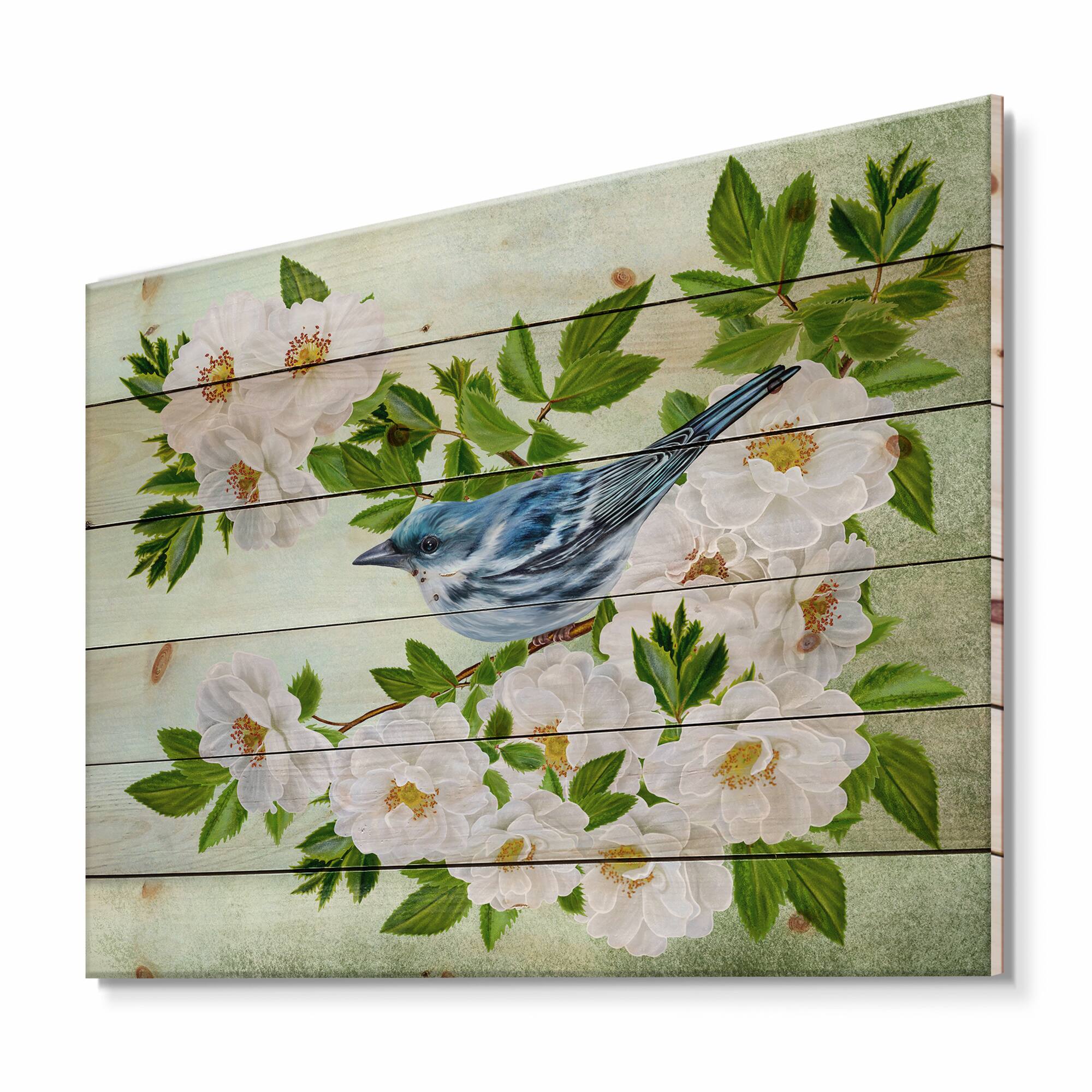 Designart - Little Blue Bird Sitting On A Branch of White Rose - Traditional Print on Natural Pine Wood