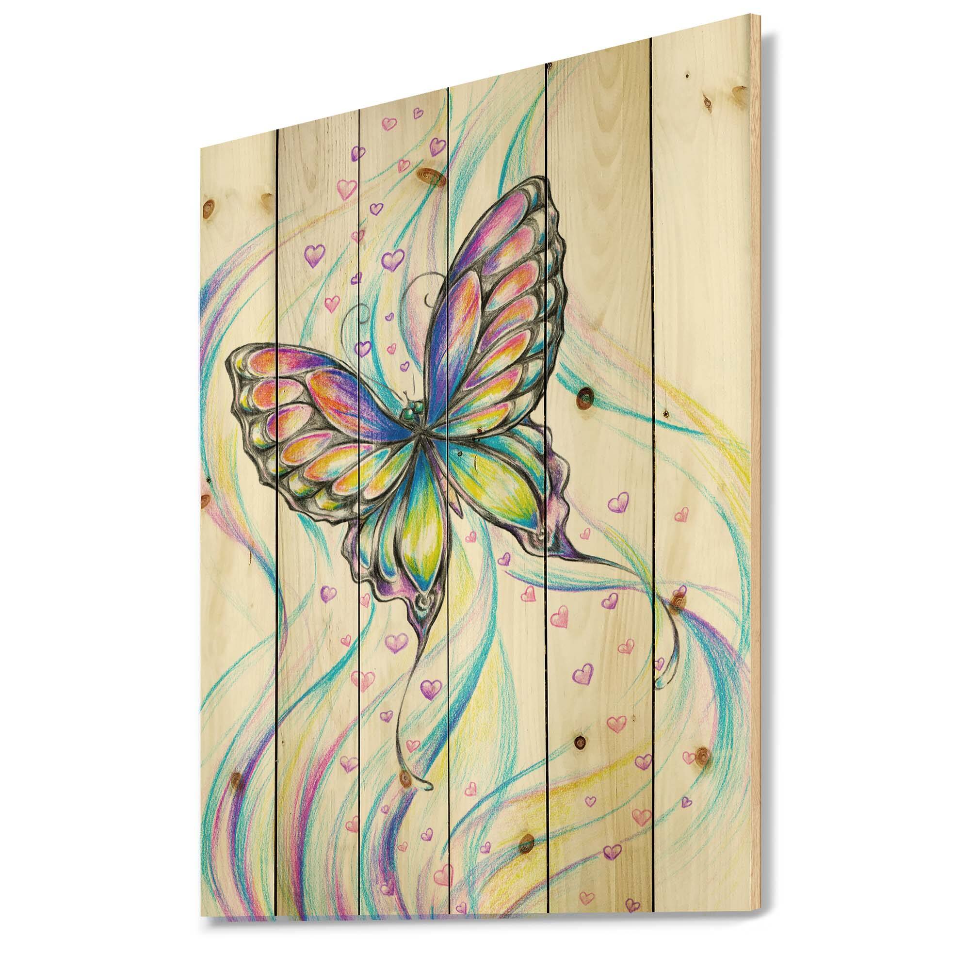 Designart - Iridiscent Butterfly - Traditional Print on Natural Pine Wood