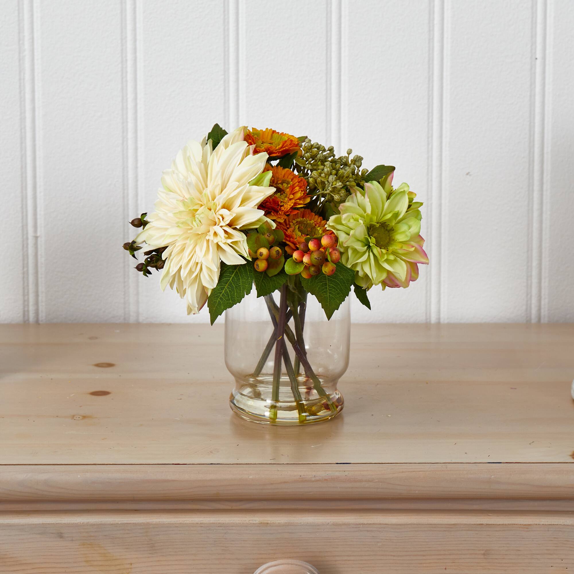 10.5" Dahlia & Mum Arrangement with Glass Vase