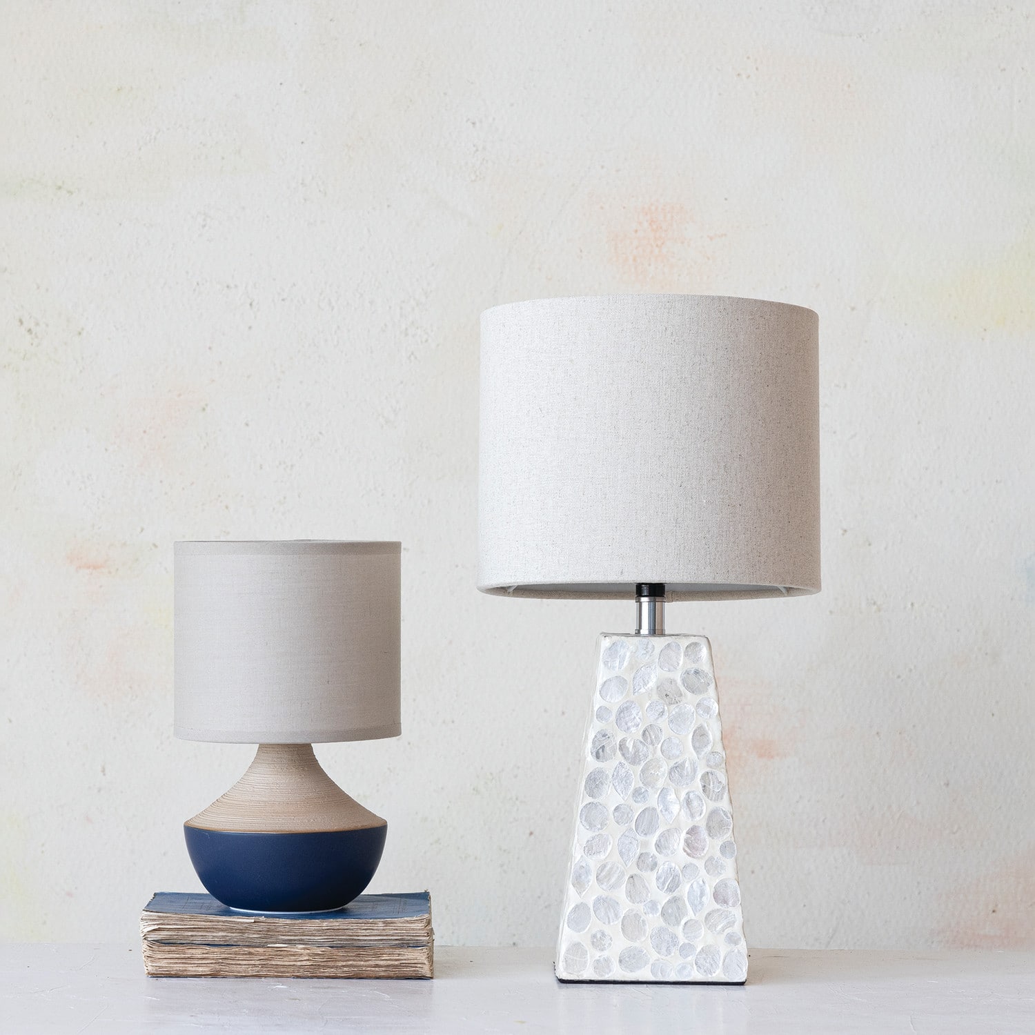 Hello Honey® 18" White Capiz & Reclaimed Wood Table Lamp with Linen Shade, 2ct.