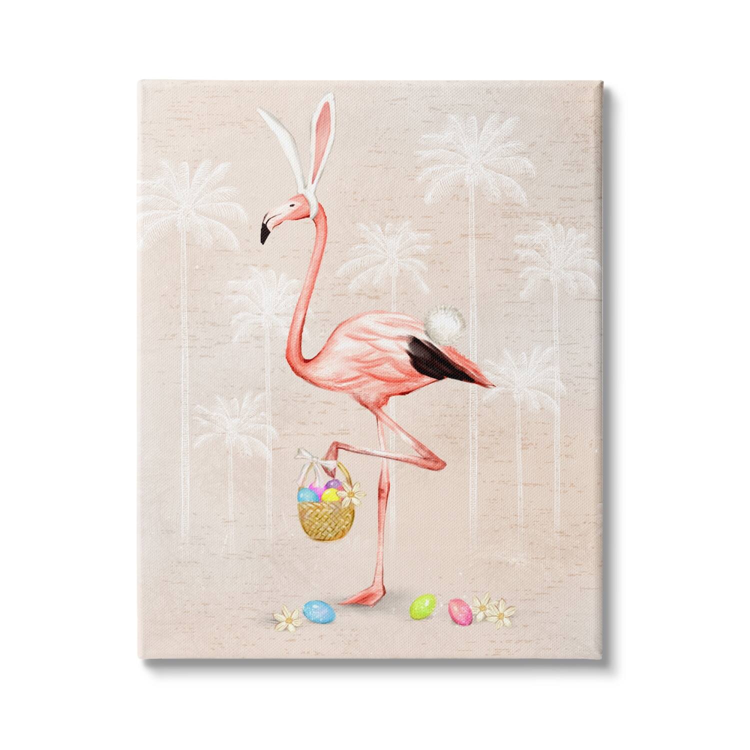Stupell Industries Easter Flamingo Pink Bird Egg Hunt Basket Canvas Wall Art