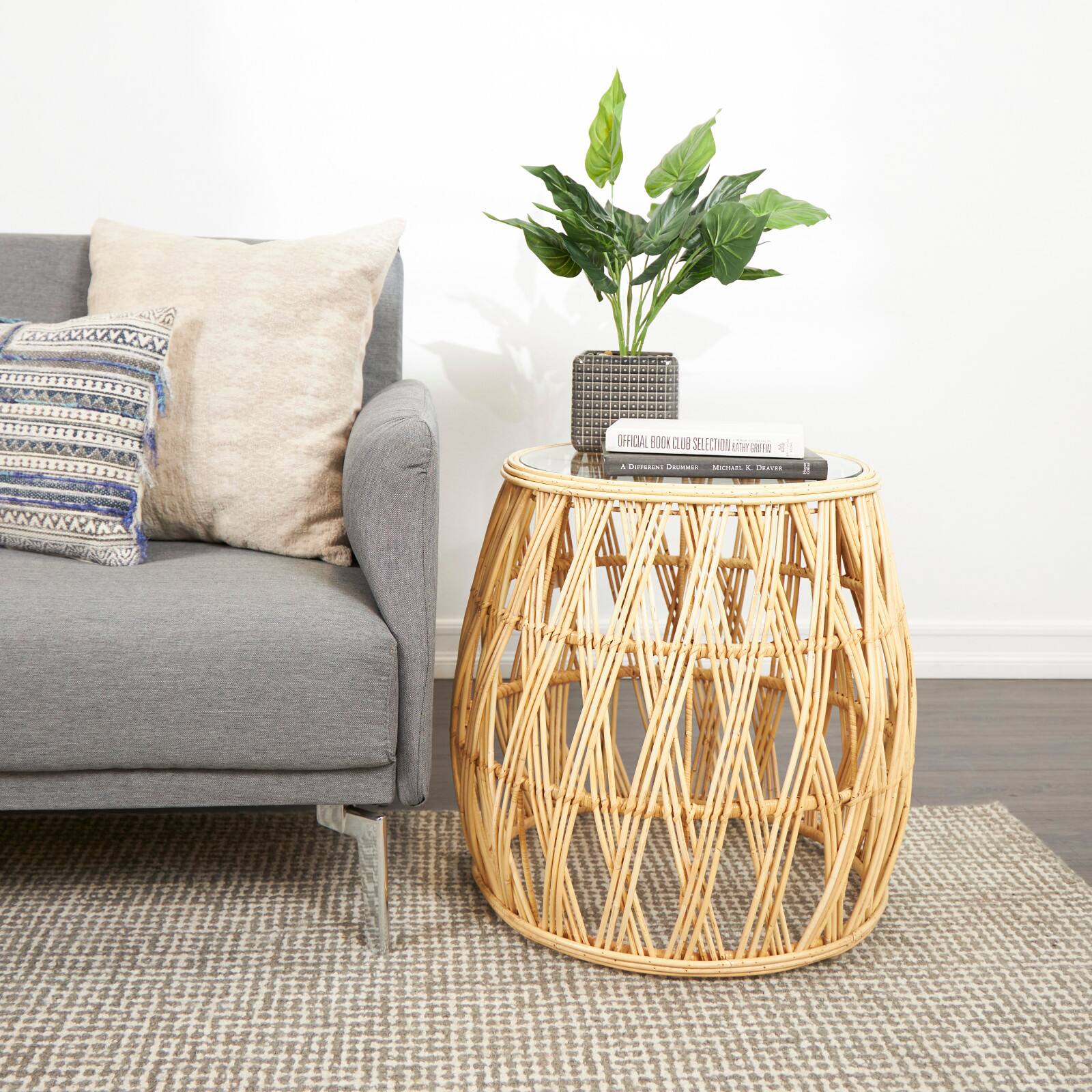 22" Brown Rattan Handmade Woven Geometric Accent Table with Glass Top