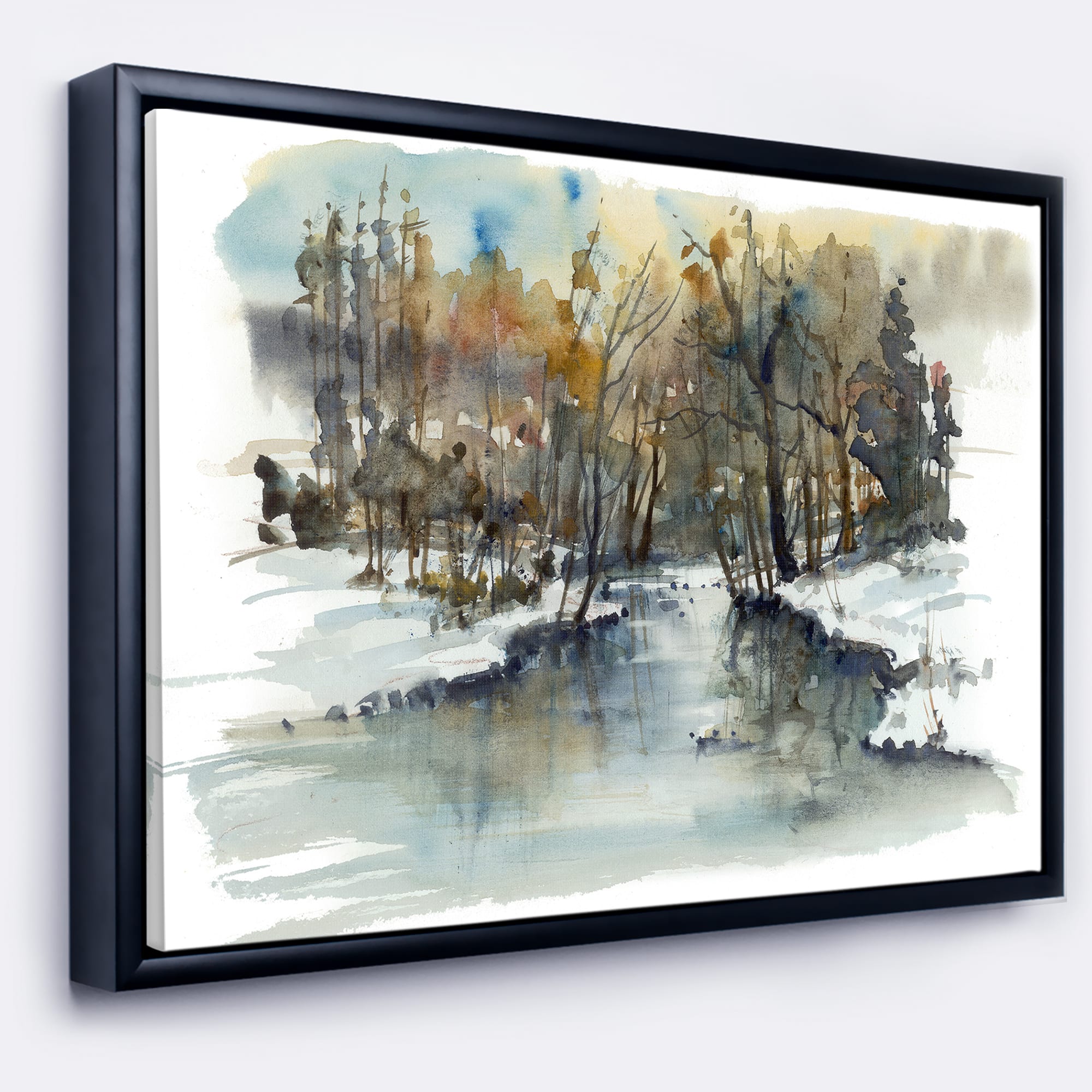 Designart - River in Woods Watercolor - Landscape Painting Canvas Print in Black Frame