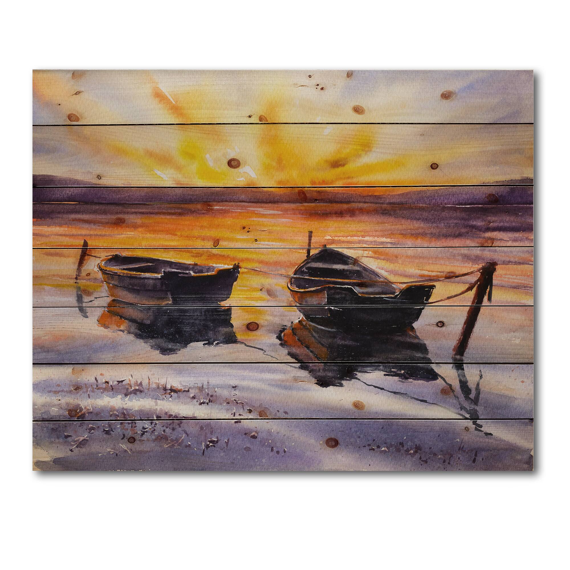Designart - Sunset and Two Small Boats Parking On The Shore - Lake House Print on Natural Pine Wood