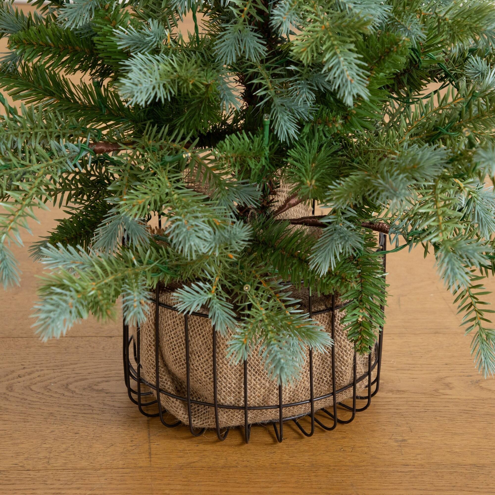 Nearly Natural 3ft. Pre-Lit Artificial Pine Christmas Tree in Jute Wire Planter, Warm White LED lights