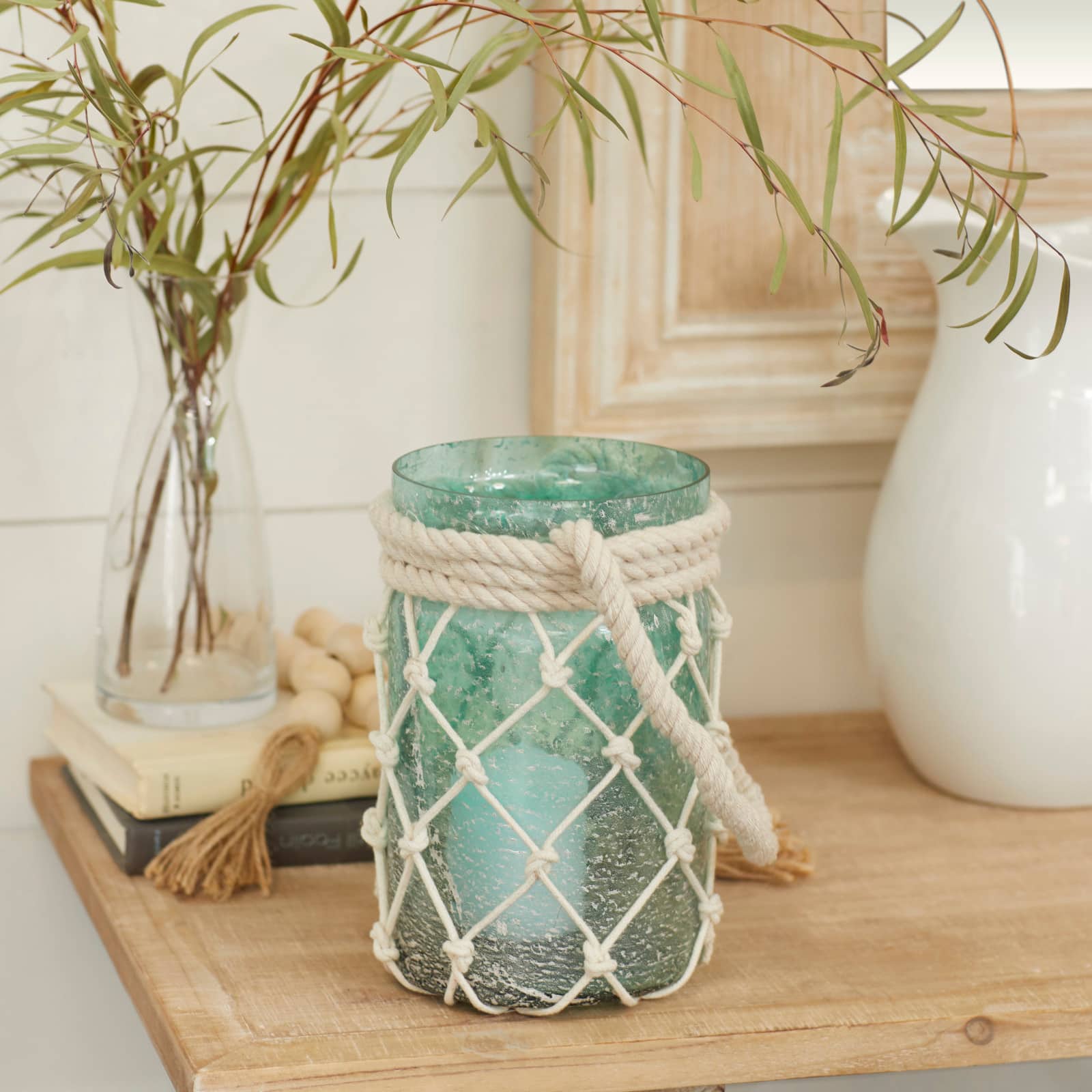 Aquamarine Glass Coastal Candle Holder Lantern, 16" x 5" x 5"