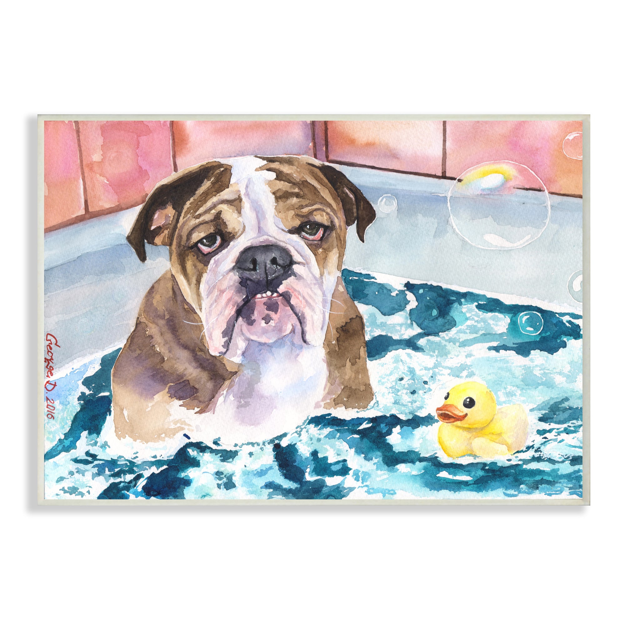 Stupell Industries English Bulldog In Bathtub Rubber Duck Bubbles Wood Wall Plaque
