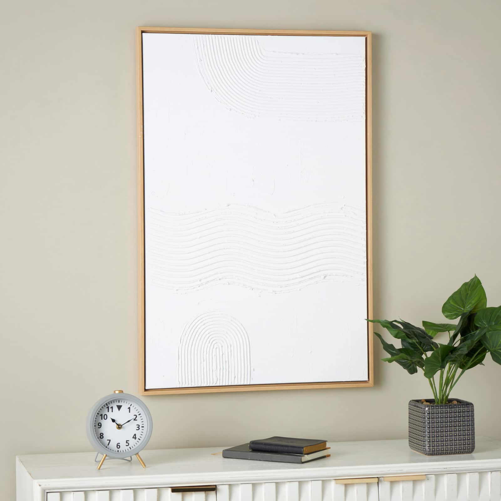 24" x 36" White Abstract Canvas Framed Wall Art with Brown Frame
