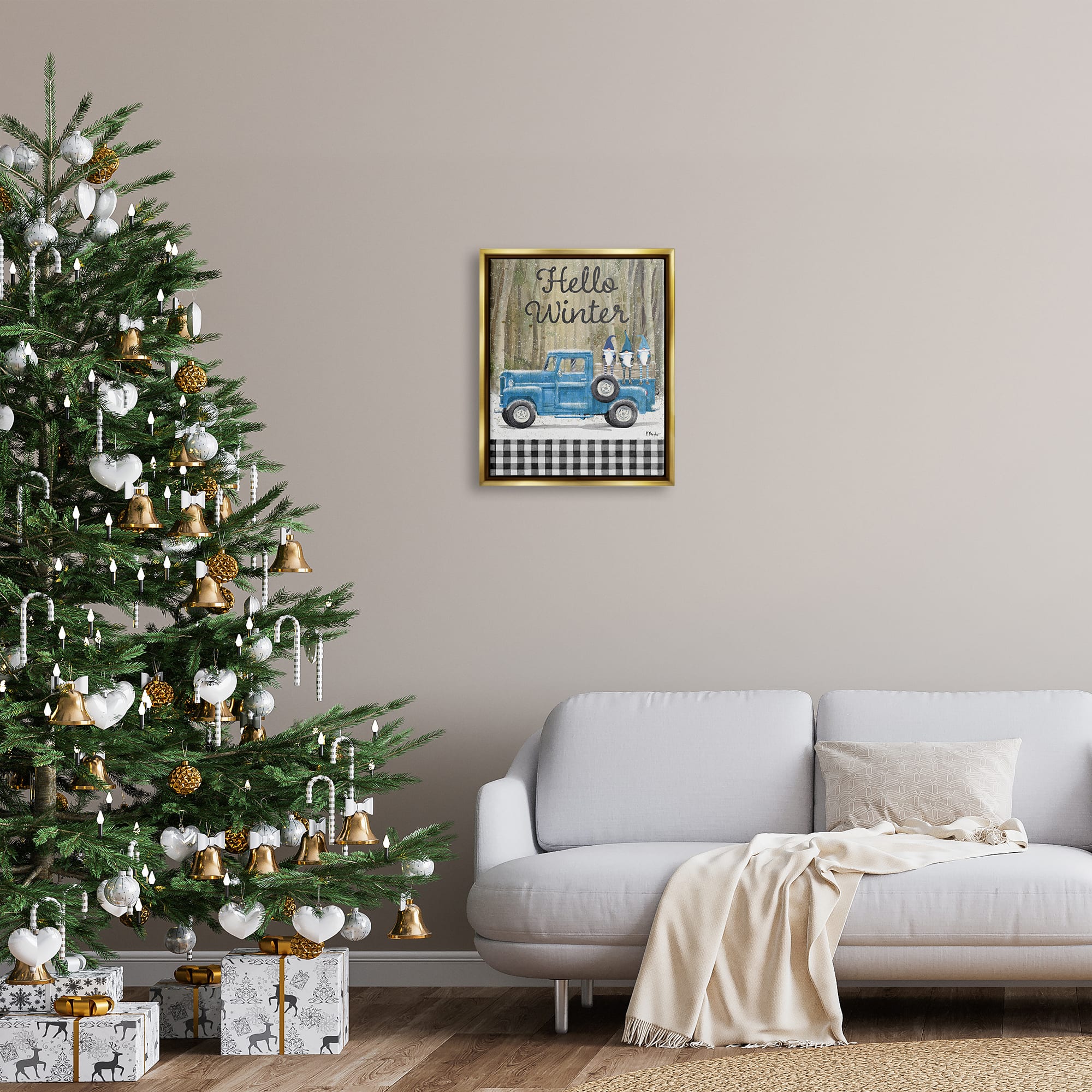 Stupell Industries Hello Winter Plaid Gnomes Gold Framed Floater Canvas Wall Art