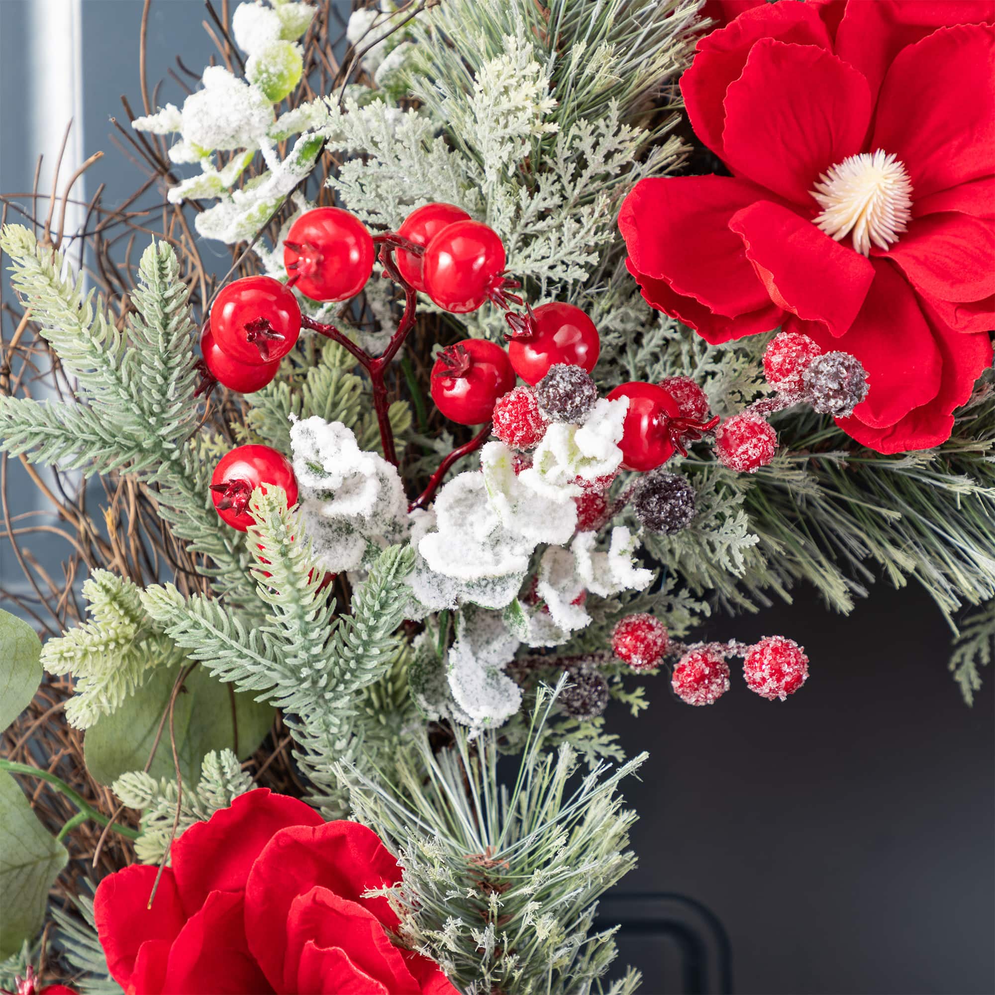 Glitzhome® 24"D Christmas Red Mangnolia & Berry Wreath