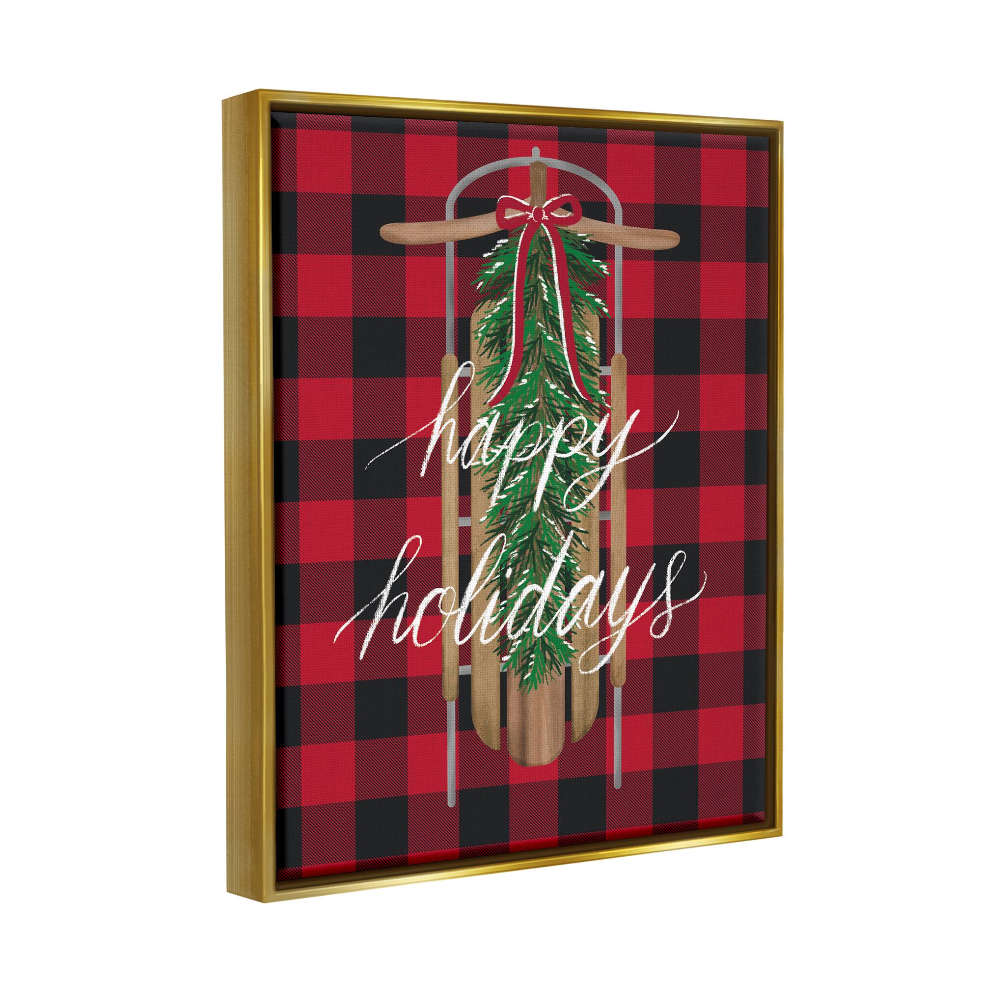 Stupell Industries Happy Holidays Tartan Sled Framed Floater Canvas Wall Art