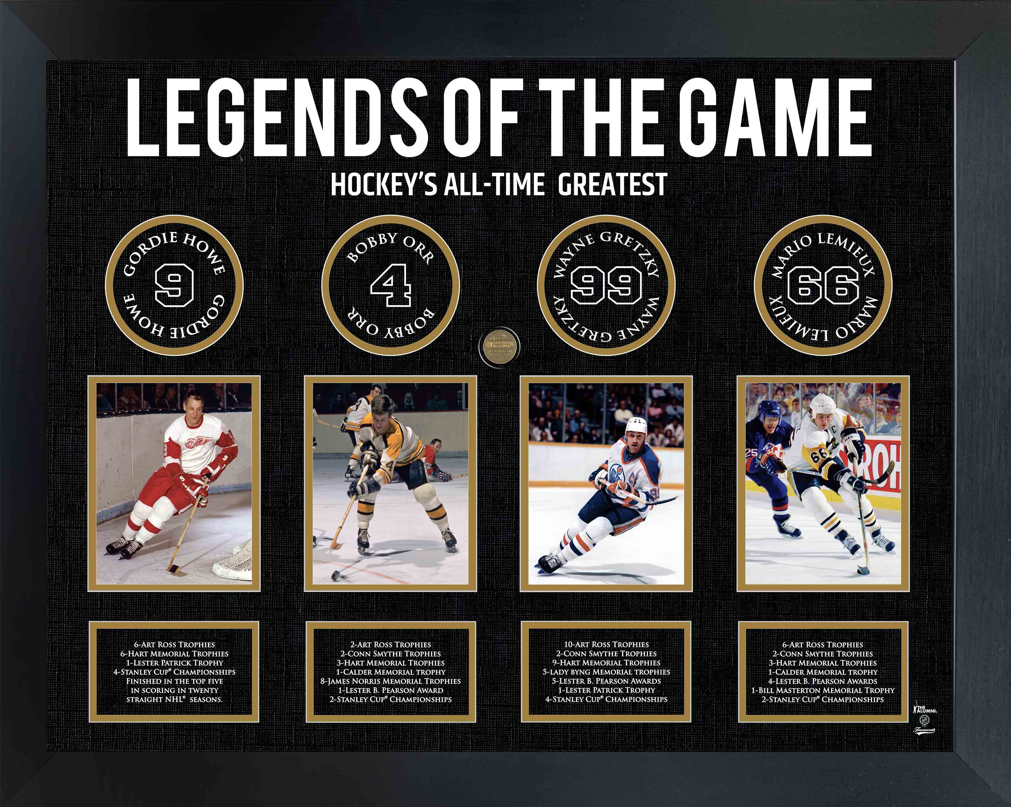 Legends of Hockey: Howe, Orr, Gretzky, Lemieux - Framed Collage 36.5" x 28.5"