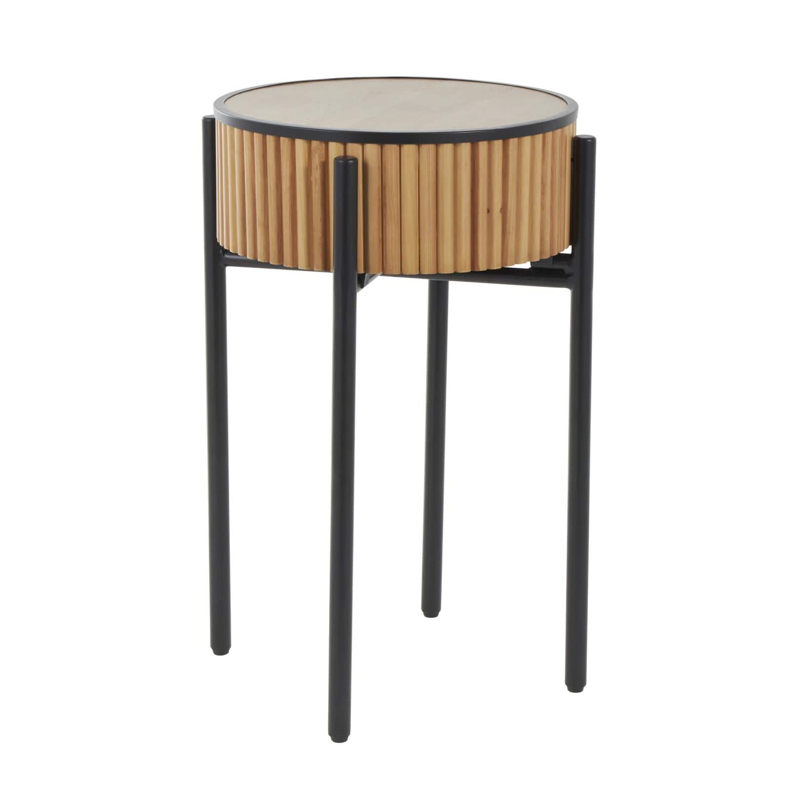 26.5" Brown Wood Handmade Slatted Side End Accent Table with Black Legs