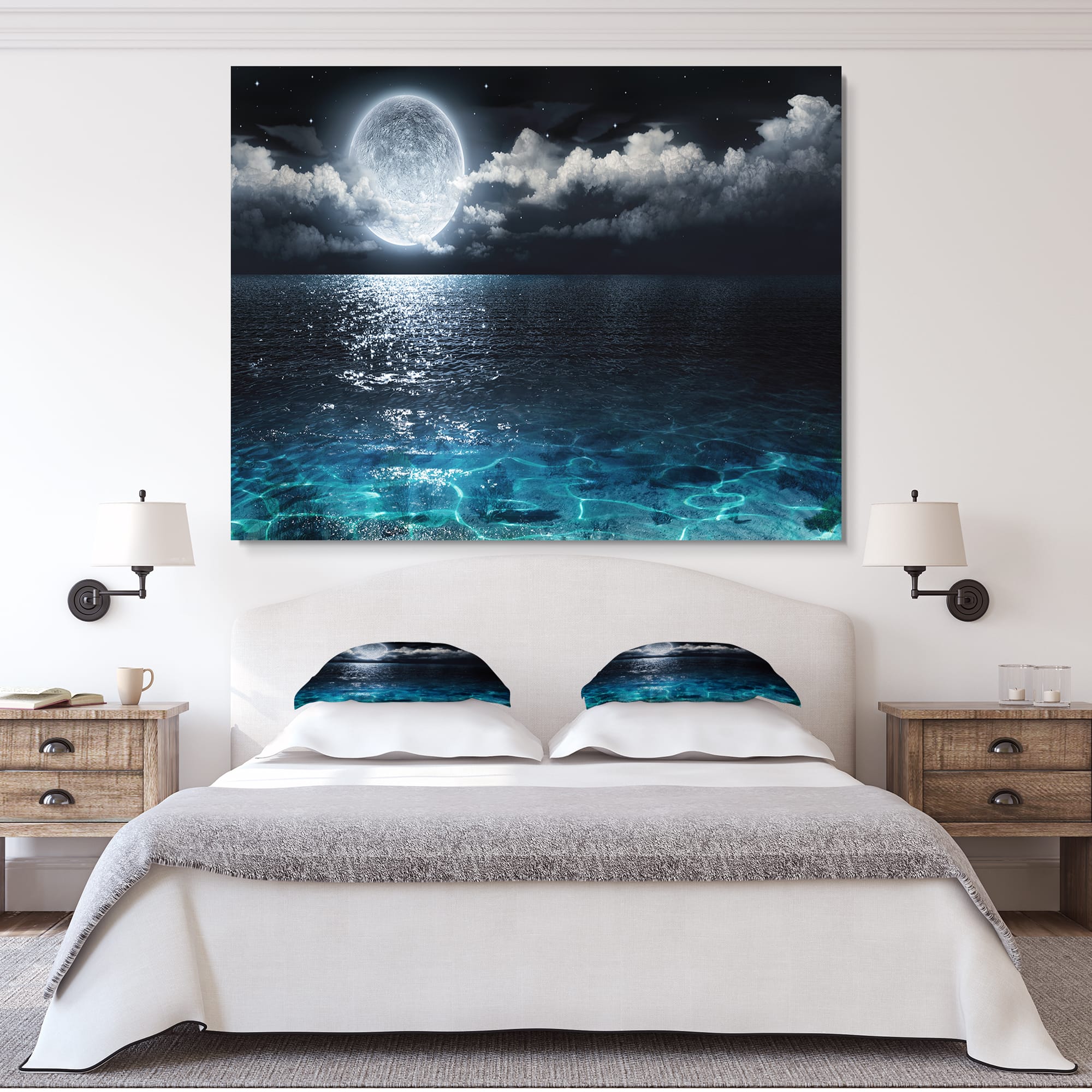 Designart - Romantic Full Moon Over Sea - Seascape Canvas Art Print