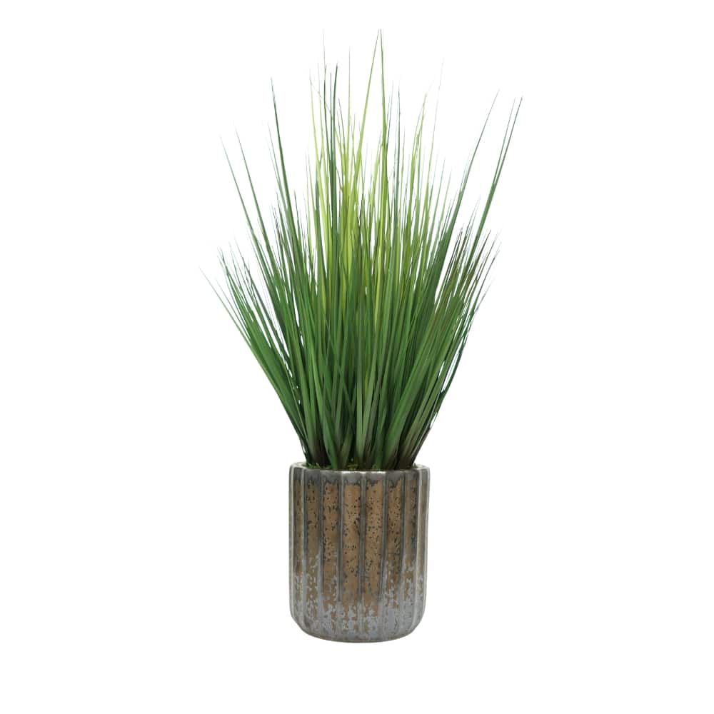 House of Silk Flowers 30" Faux Ornamental Onion Grass in Glazed Black Fluted Cylindrical Ceramic Pot