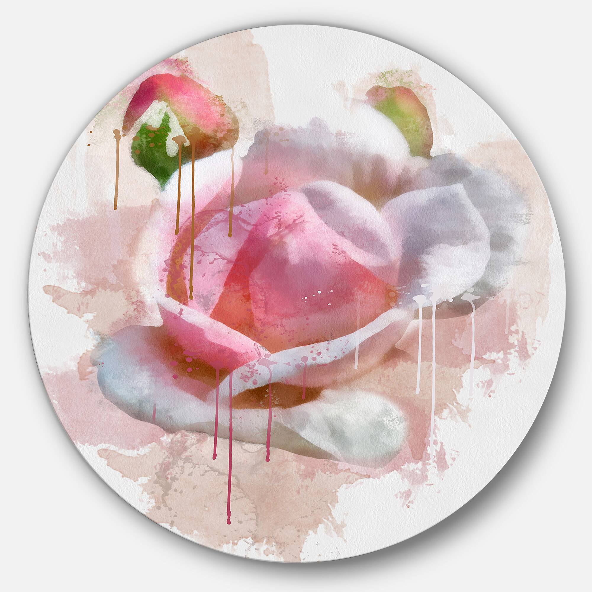 Designart - Pink Rose Flower with Paint Splashes' Large Floral Metal Artwork
