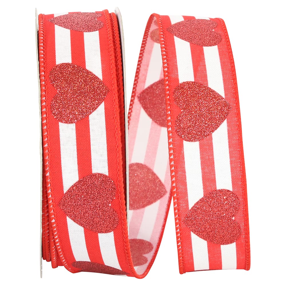 Reliant 1.5" x 20yd. Red & White Heart Glitter Stripes Wired Ribbon