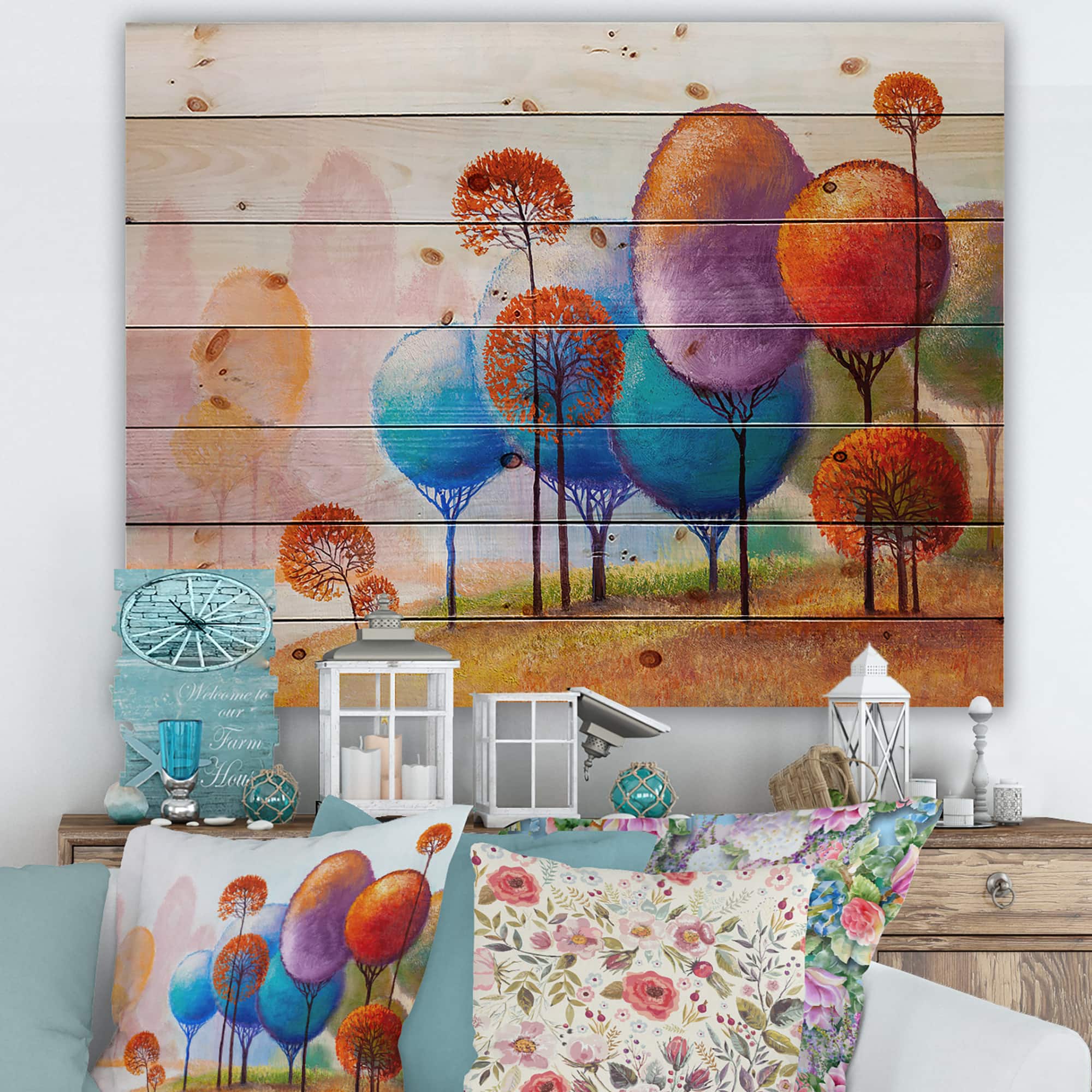 Designart - Colourful Trees Impression III - Traditional Print on Natural Pine Wood