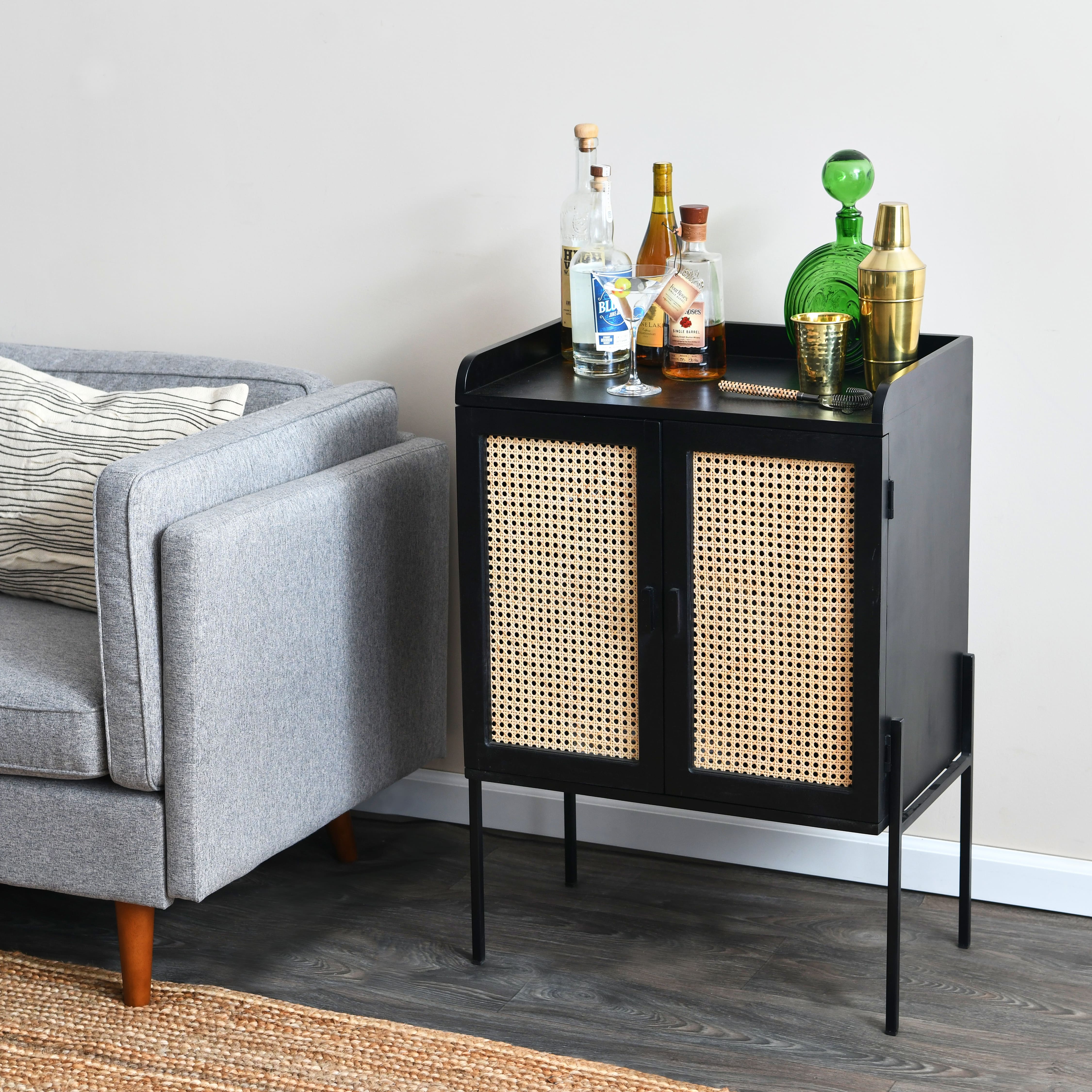 Hello Honey® 3ft. Black Bar Cabinet with Natural Woven Cane Details