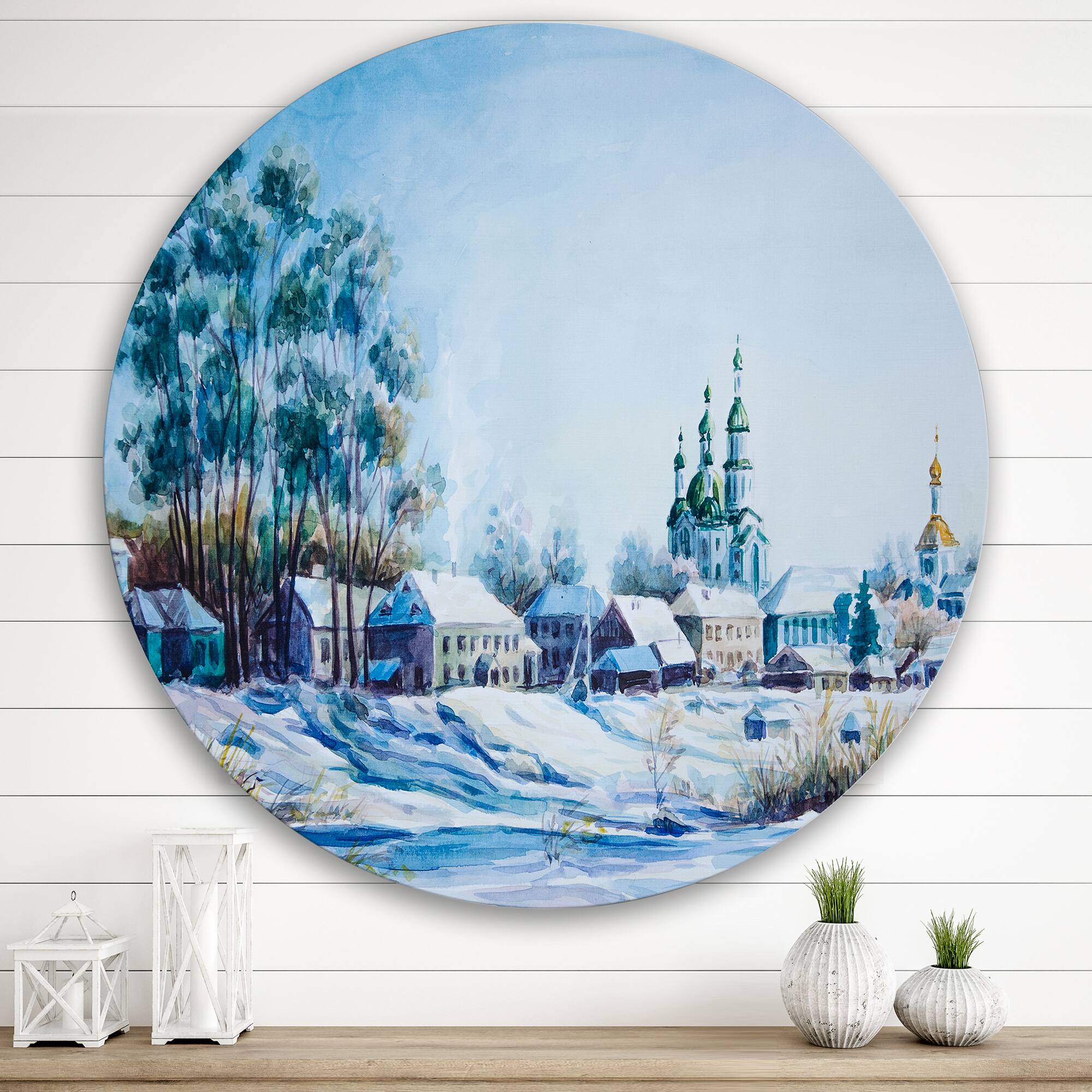 Designart - Small Town In Winter Times - Traditional Metal Circle Wall Art