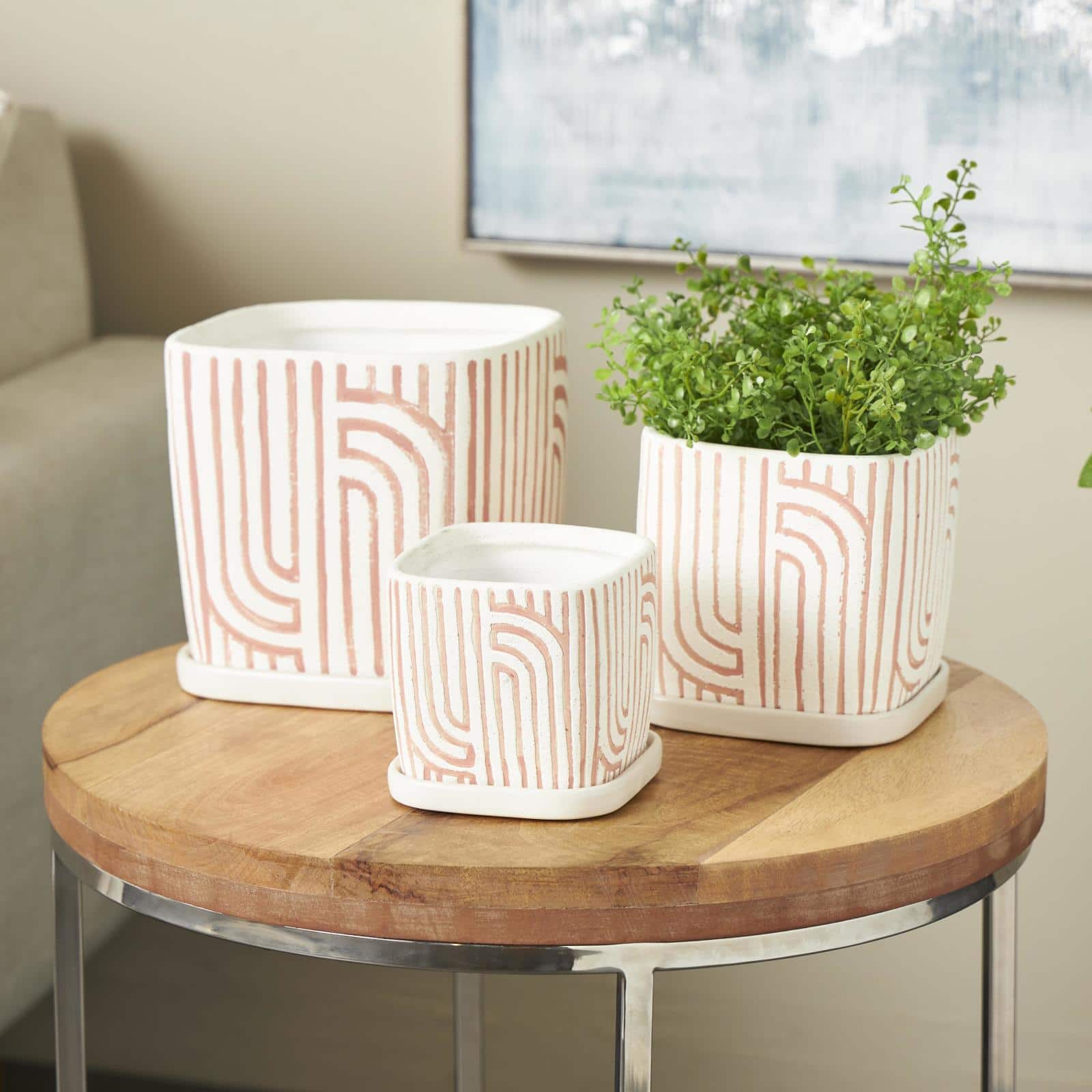 Pink Geometric Linear Arch Pattern Planter Set
