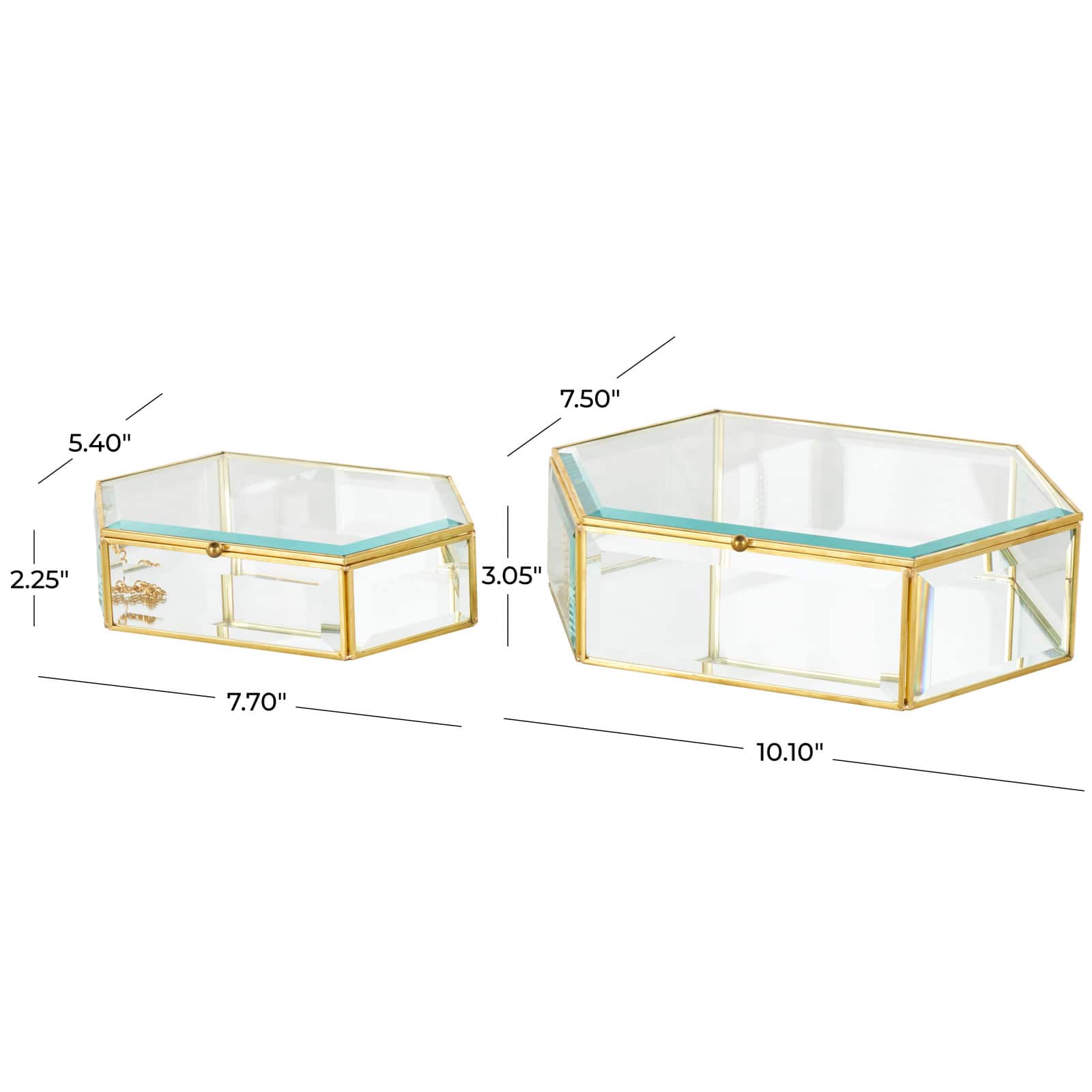 Clear & Gold Beveled Glass & Metal Wide Hexagon Jewelry Box with Chain Accent Set