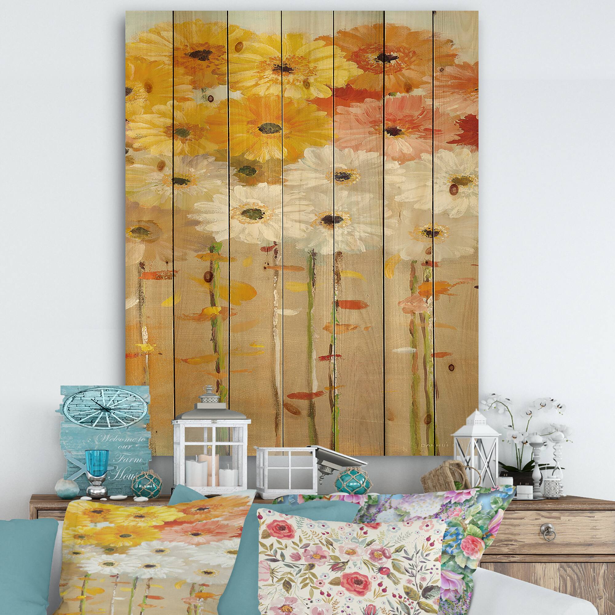 Designart - Daisies Fall I - Floral & Botanical Print on Natural Pine Wood